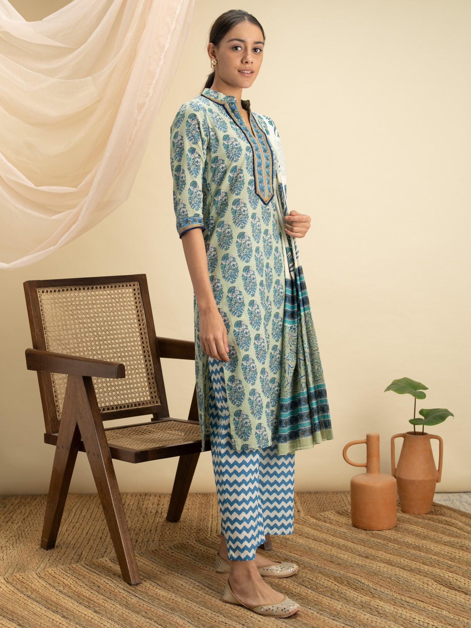 Blue Printed Cotton Suit Set