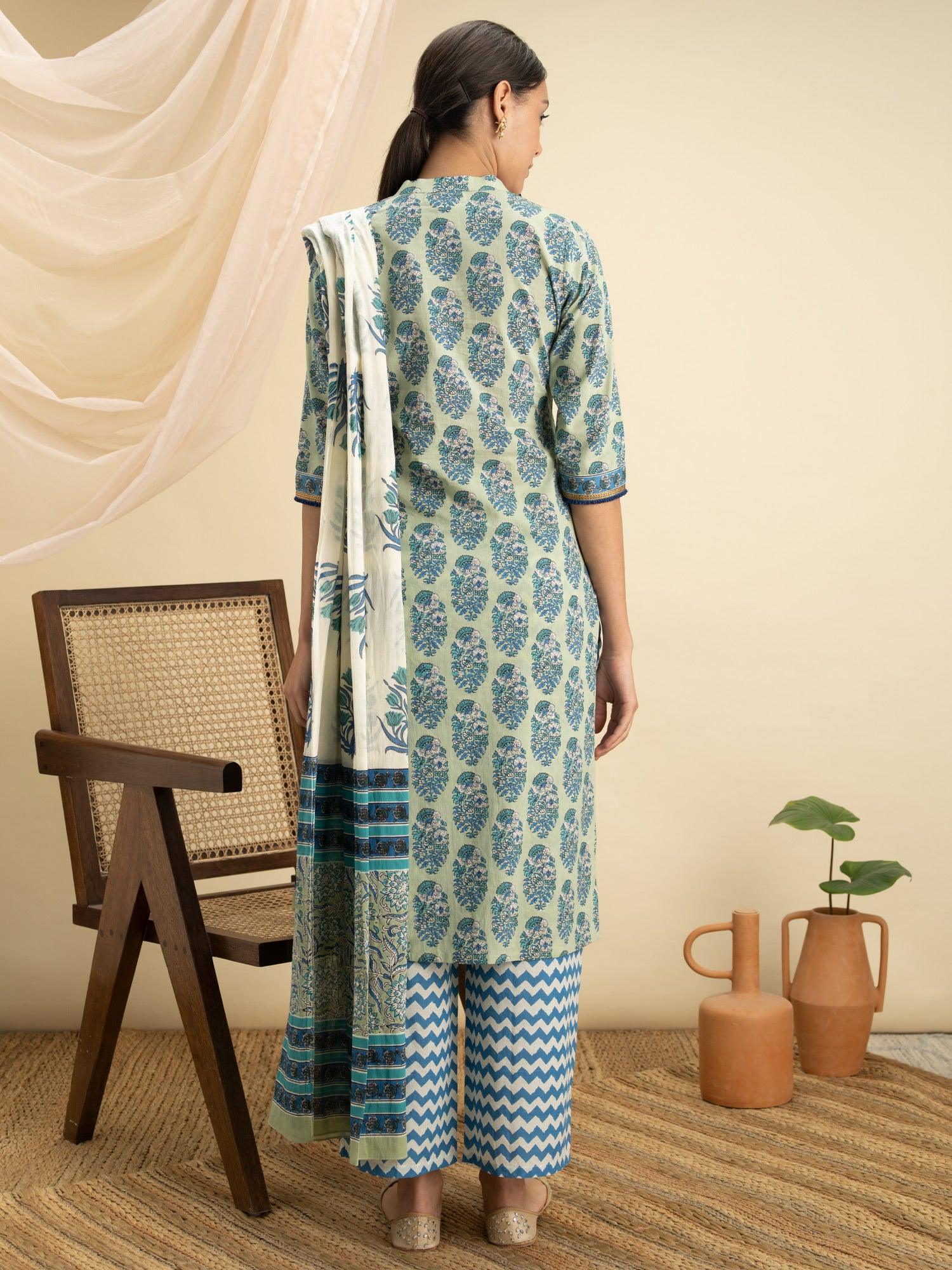 Blue Printed Cotton Suit Set