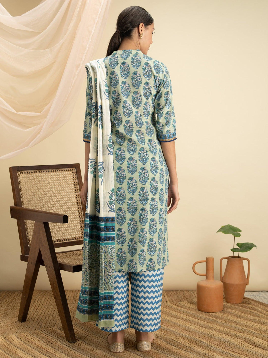 Blue Printed Cotton Suit Set - ShopLibas