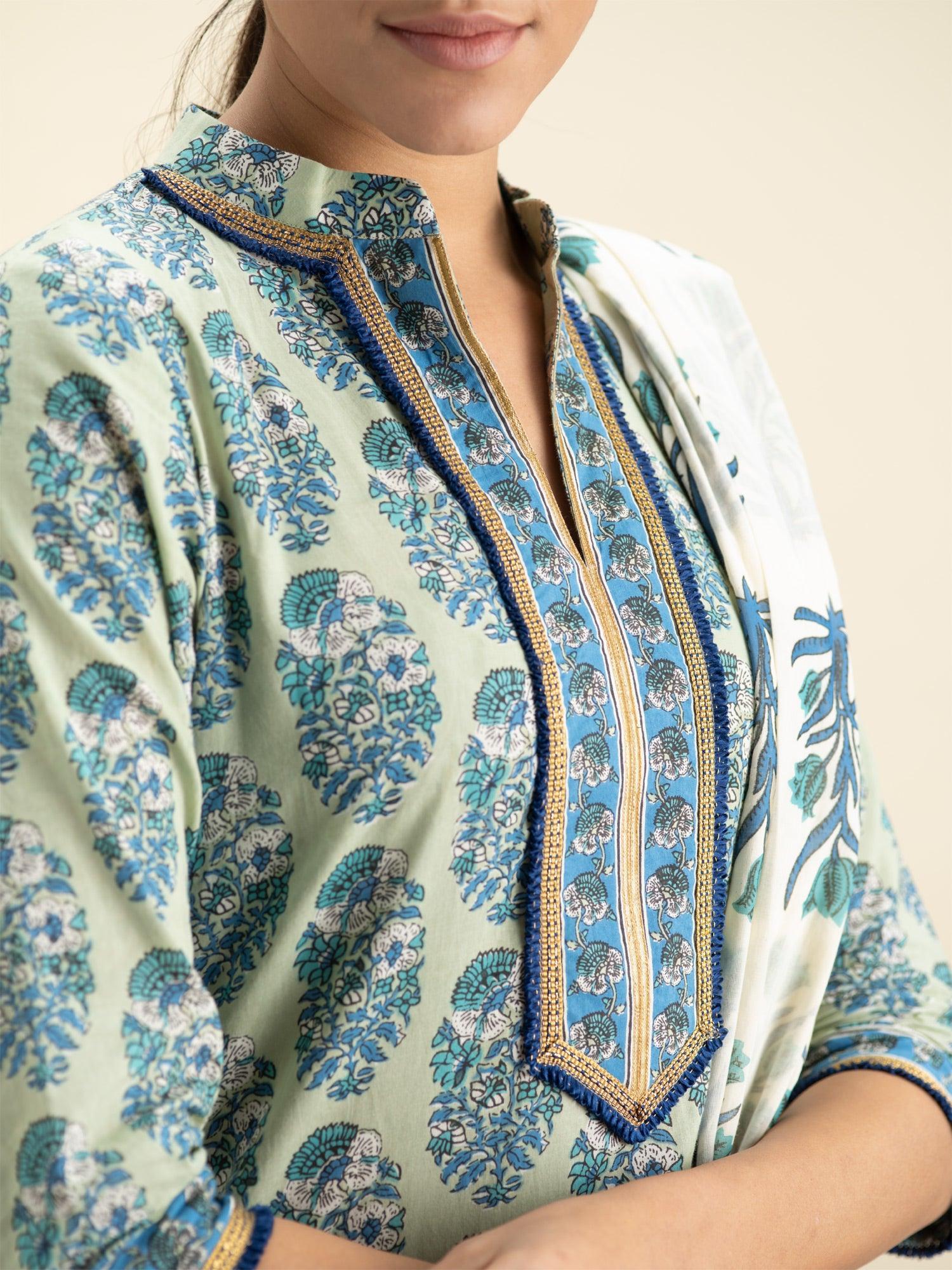 Blue Printed Cotton Suit Set