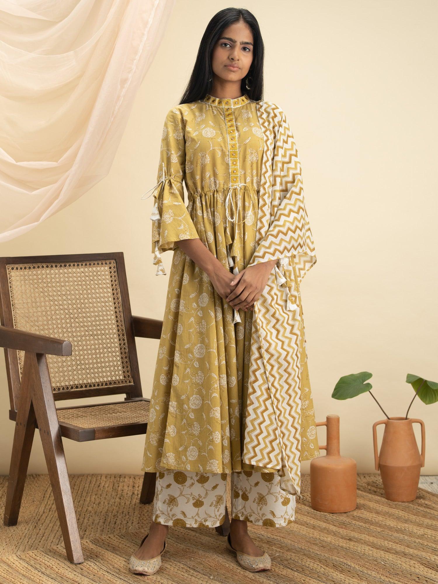 Mustard Printed Cotton Suit Set