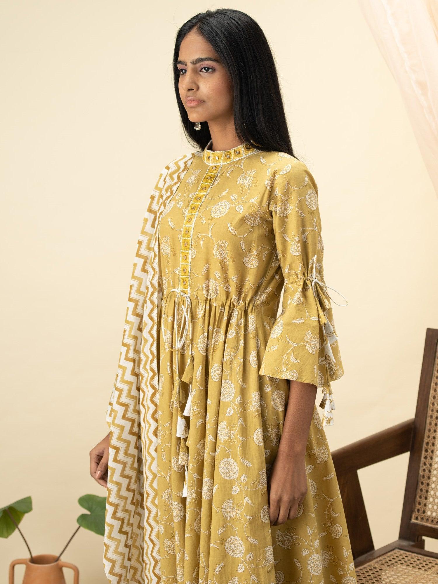 Mustard Printed Cotton Suit Set