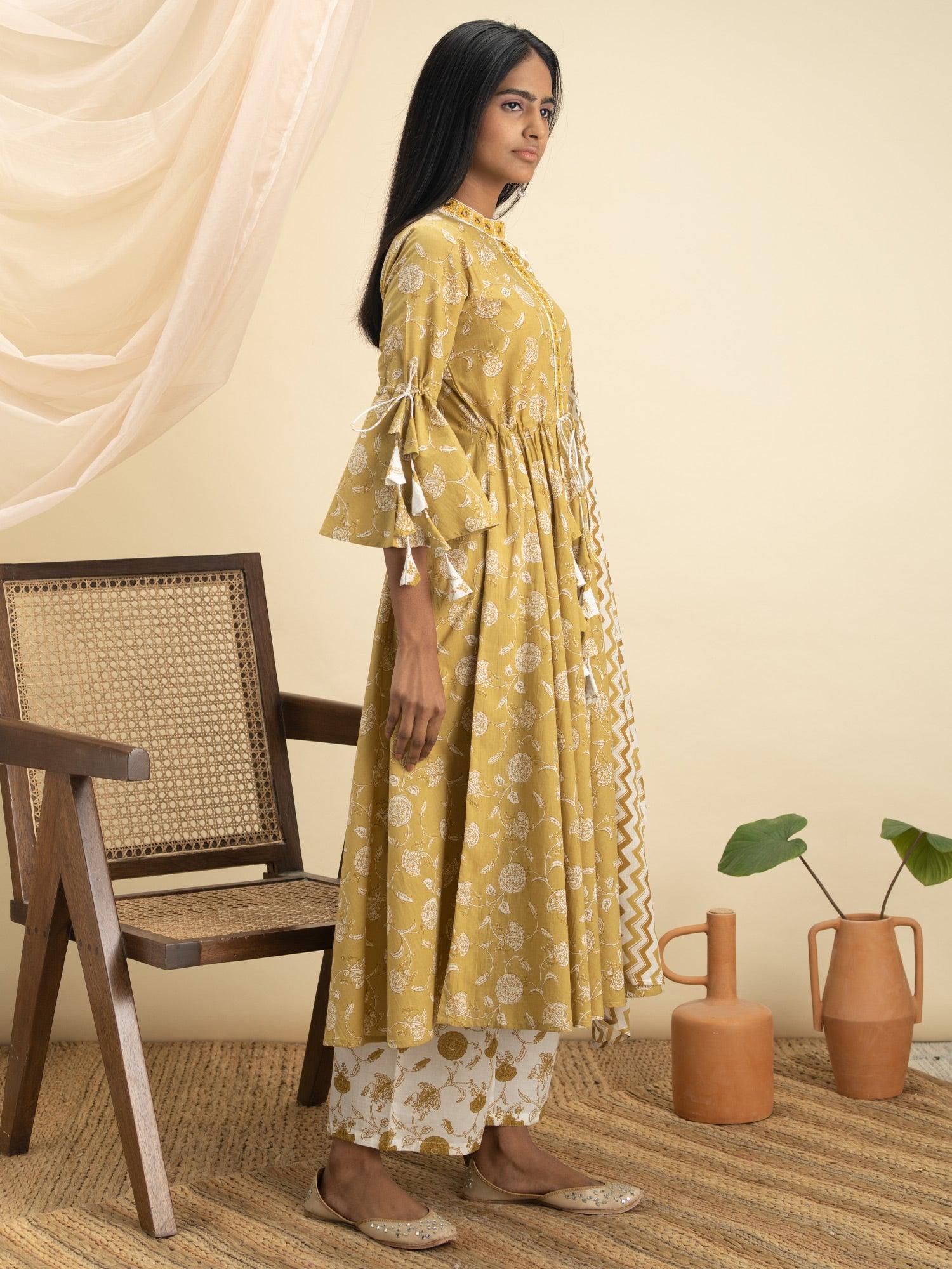 Mustard Printed Cotton Suit Set