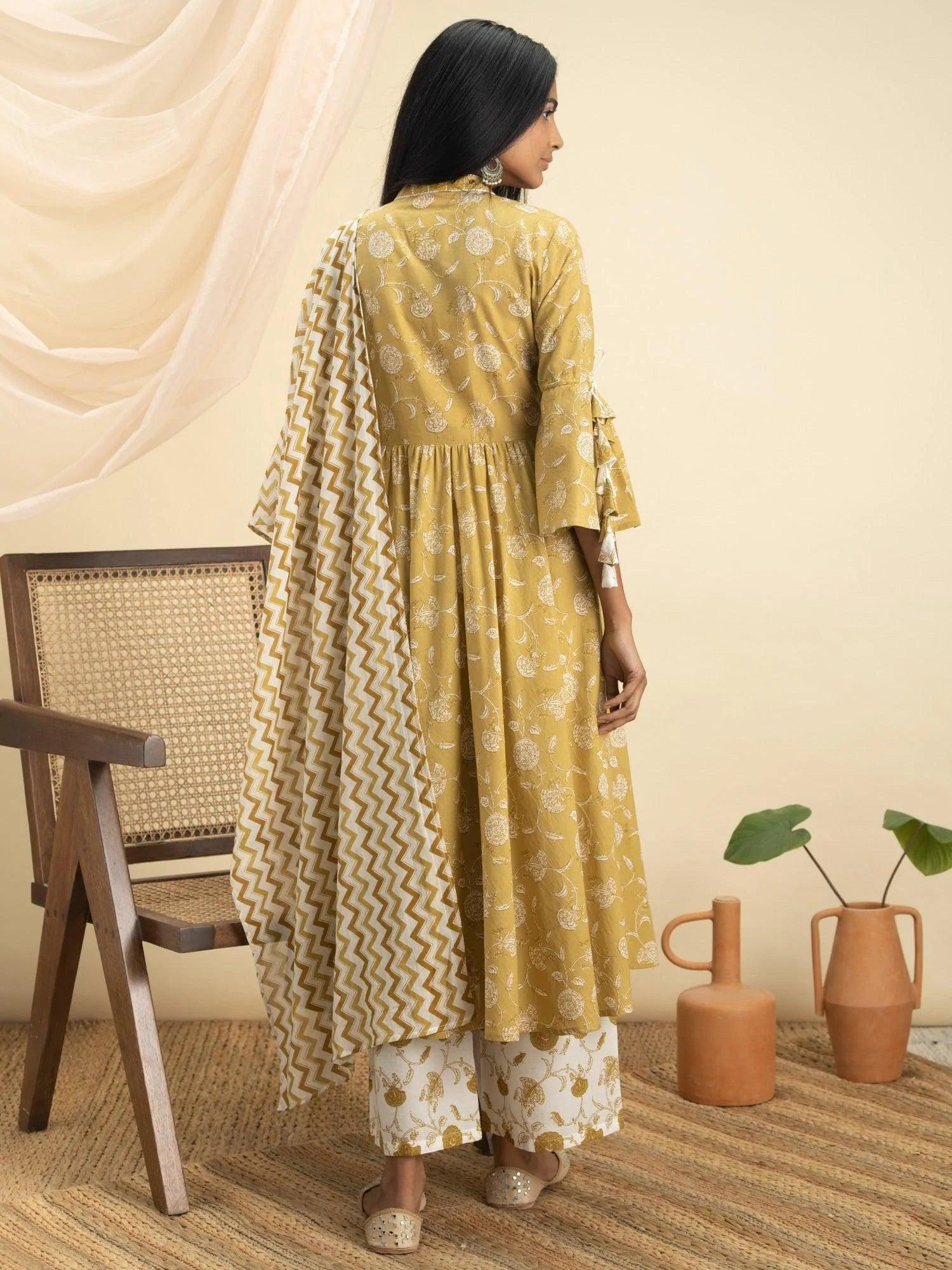 Mustard Printed Cotton Suit Set