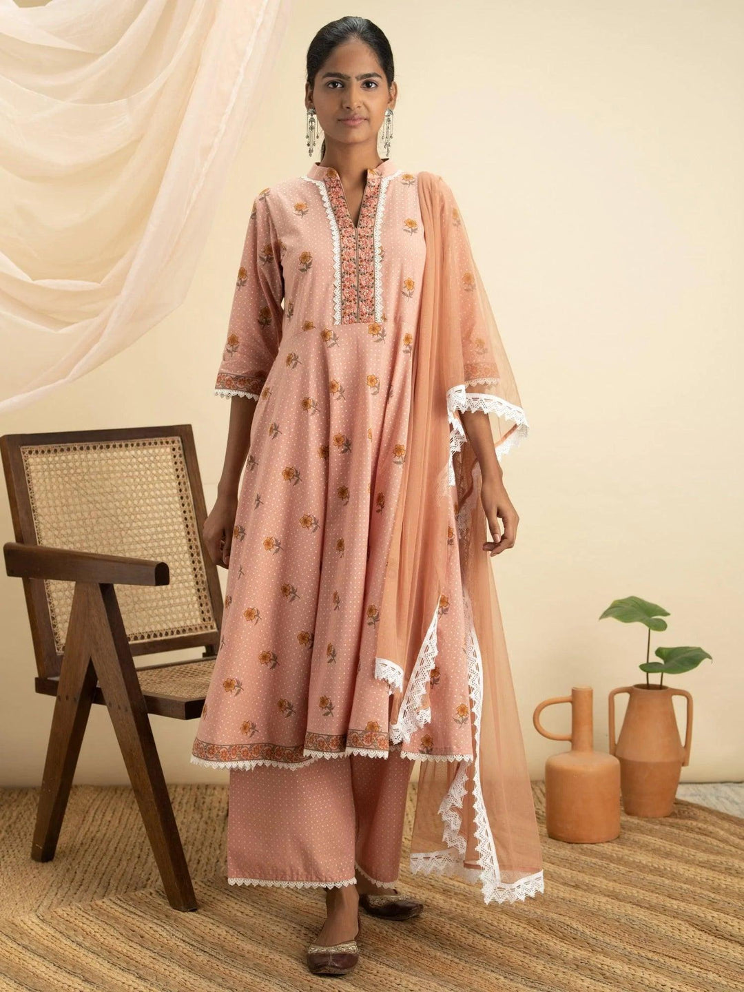 Peach Printed Cotton Suit Set - ShopLibas