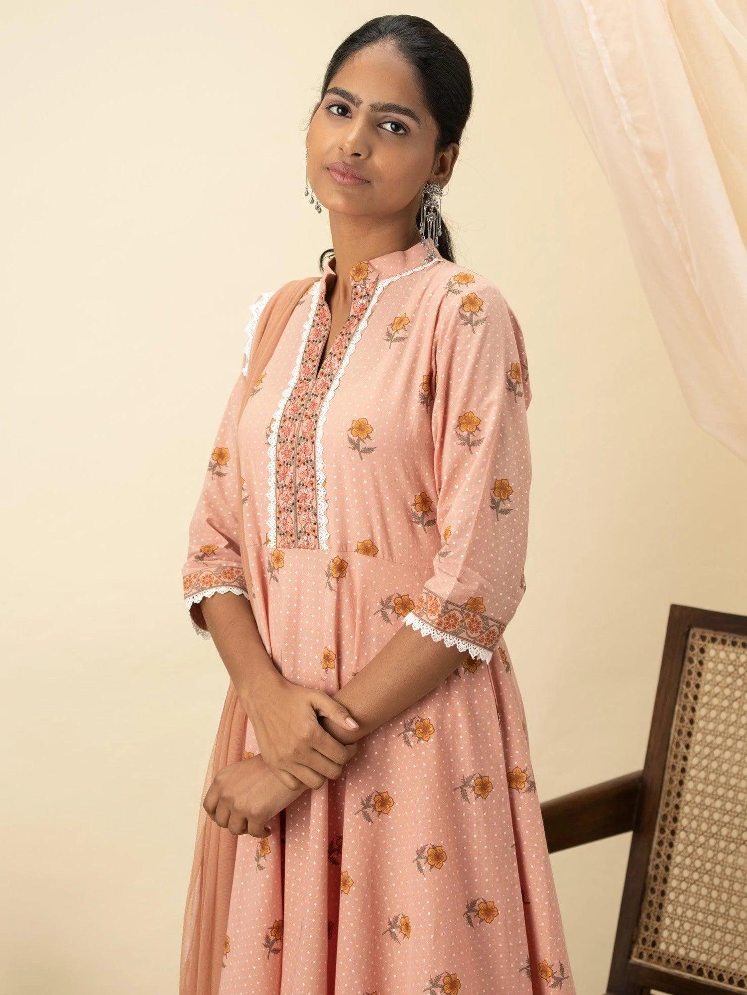 Peach Printed Cotton Suit Set