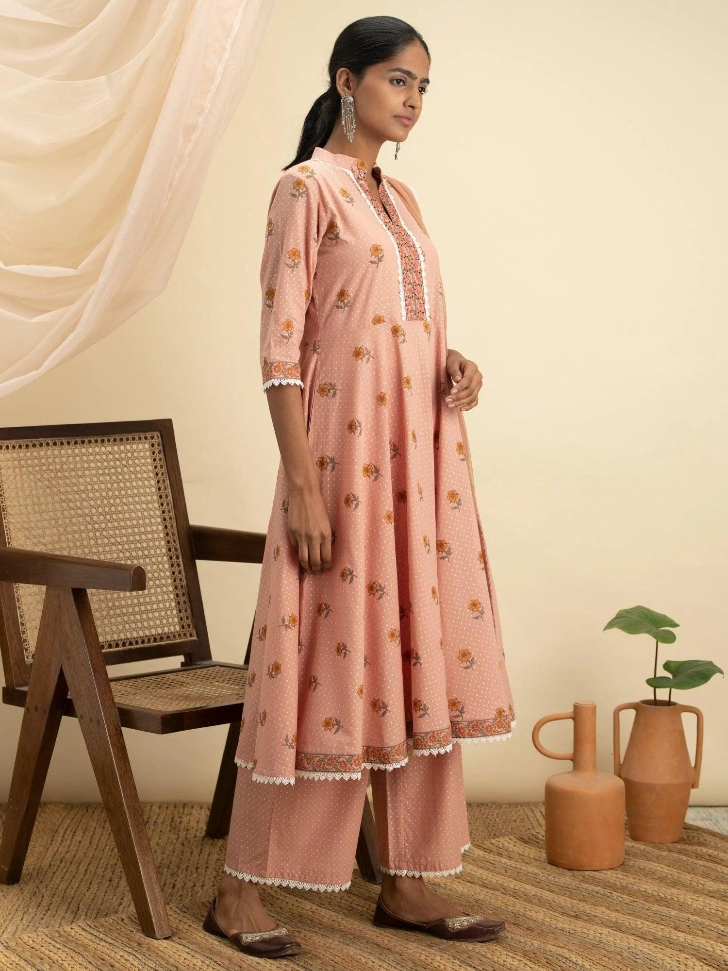 Peach Printed Cotton Suit Set