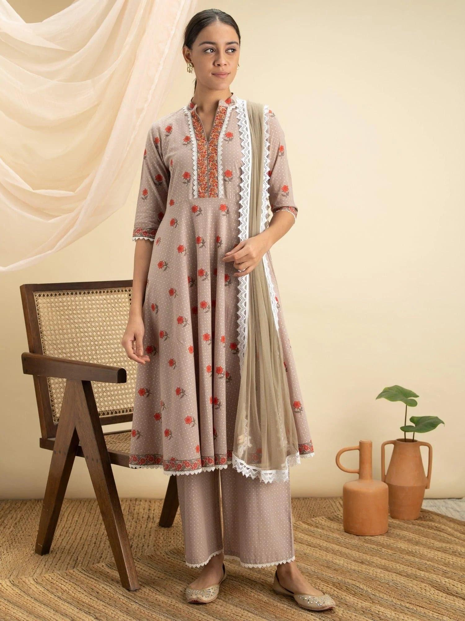 Beige Printed Cotton Suit Set