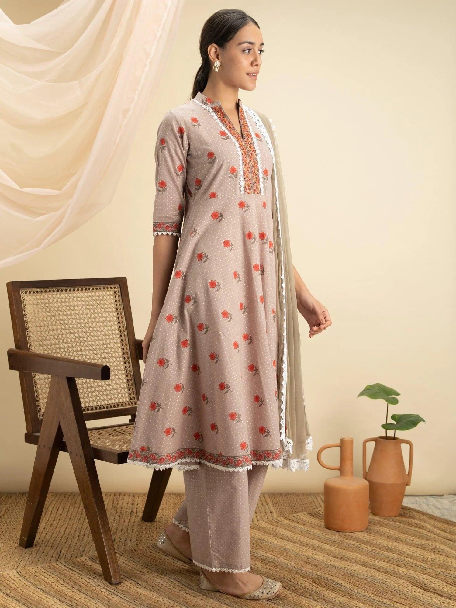 Beige Printed Cotton Suit Set