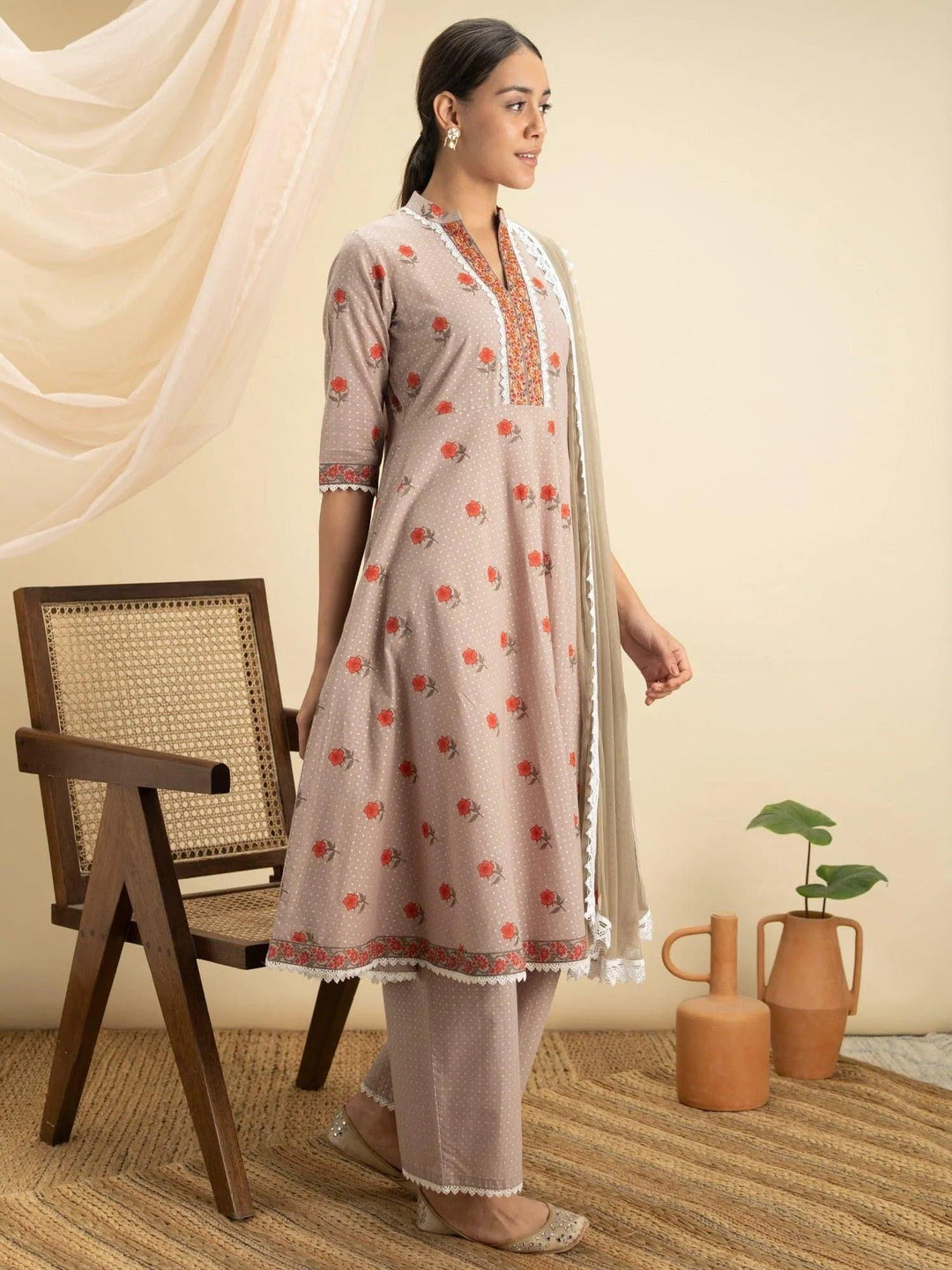 Beige Printed Cotton Suit Set - ShopLibas