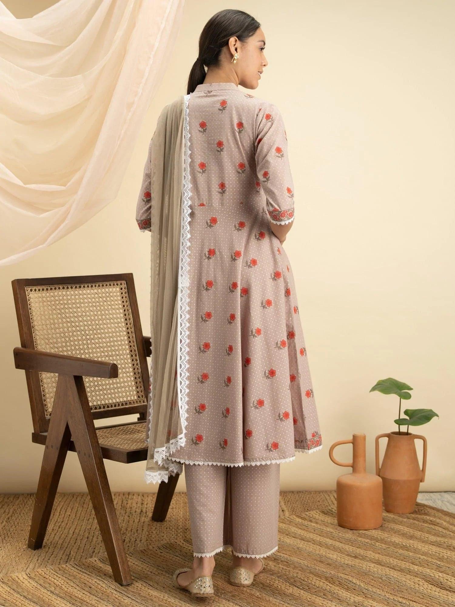 Beige Printed Cotton Suit Set