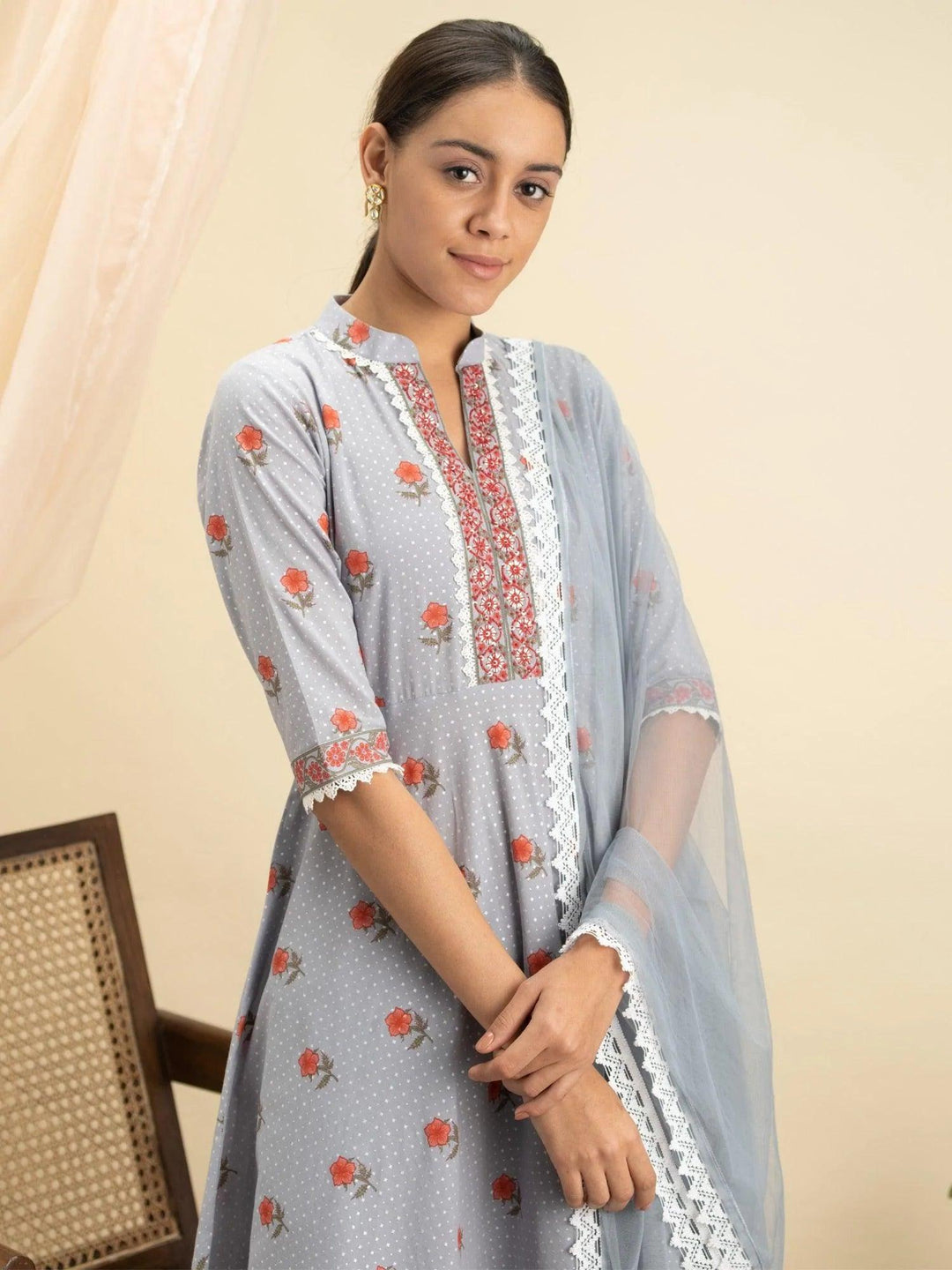 Grey Printed Cotton Suit Set - ShopLibas