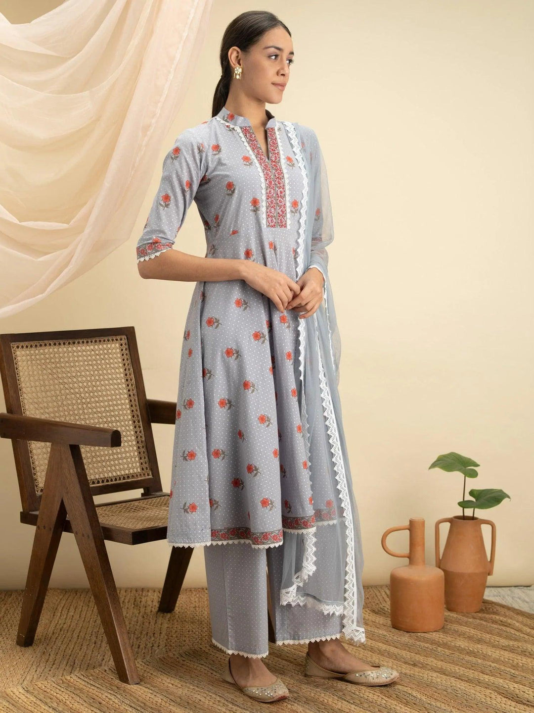 Grey Printed Cotton Suit Set - ShopLibas