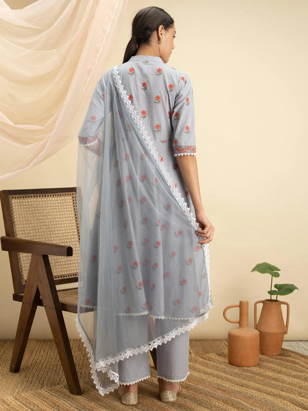 Grey Printed Cotton Suit Set - ShopLibas