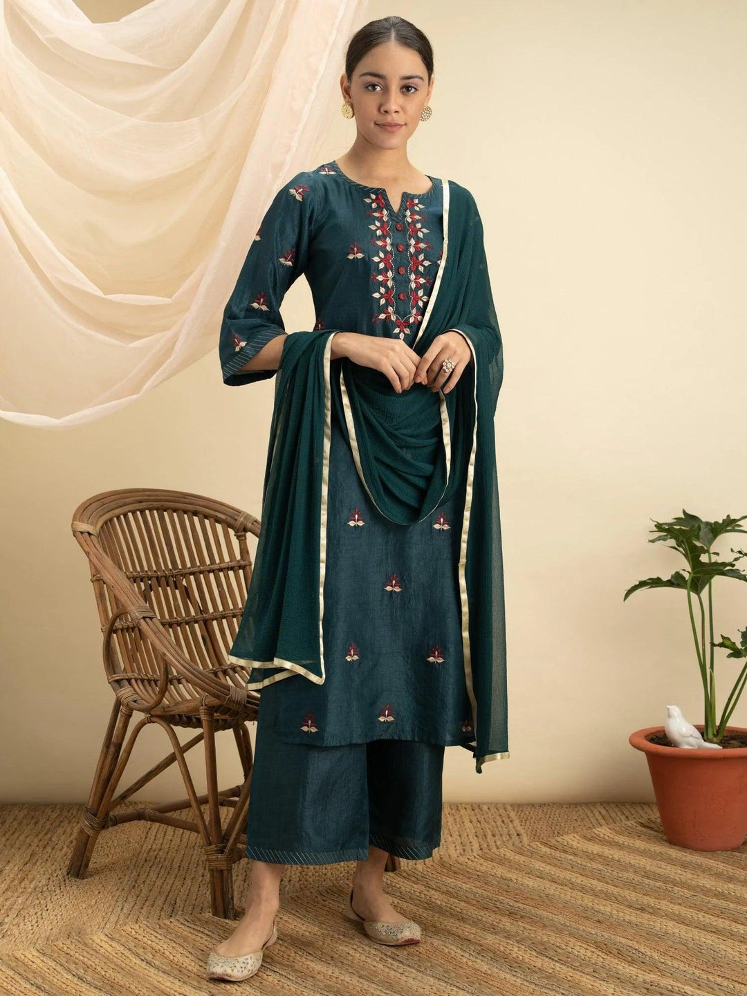 Green Embroidered Silk Suit Set - ShopLibas