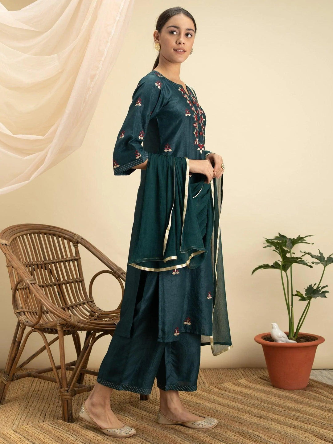 Green Embroidered Silk Suit Set - ShopLibas