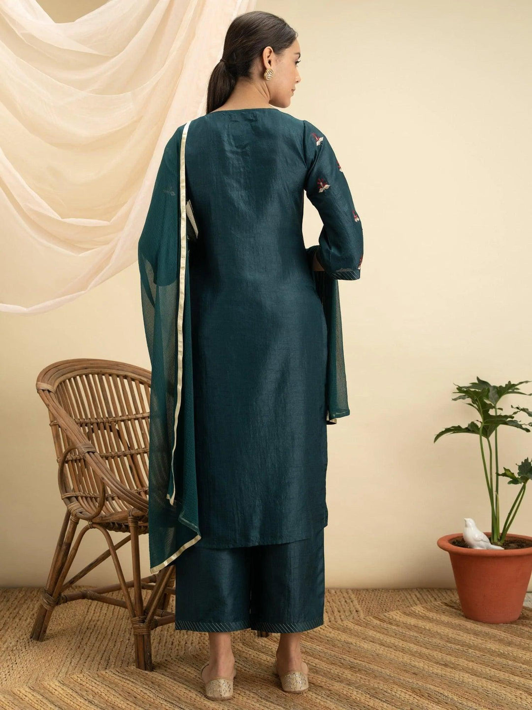 Green Embroidered Silk Suit Set - ShopLibas