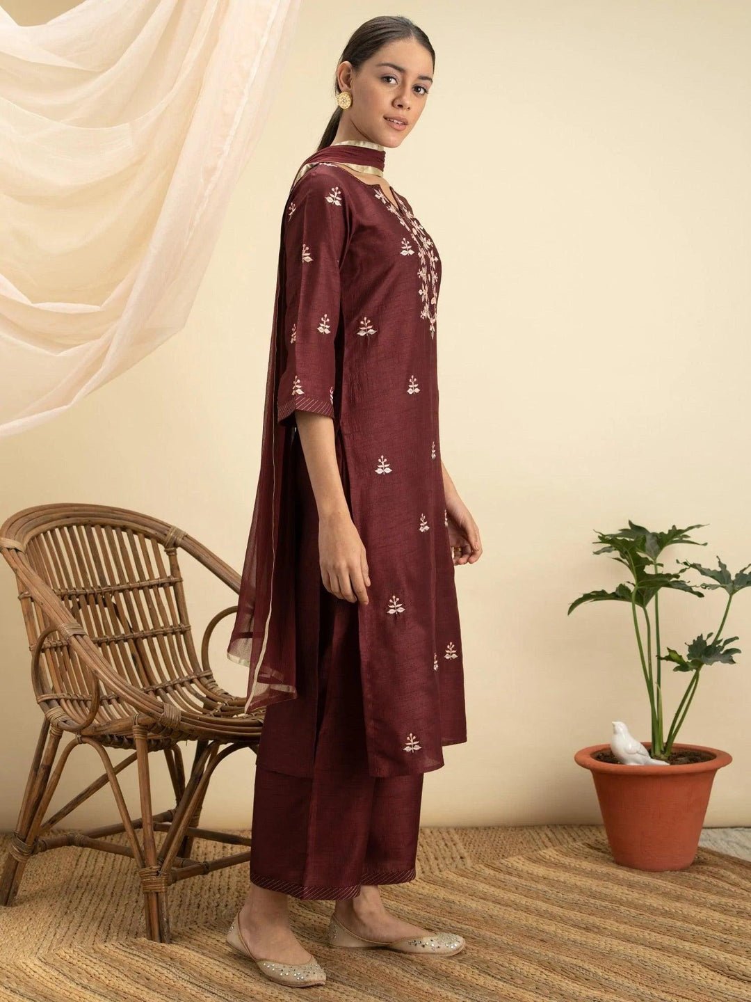 Maroon Embroidered Silk Suit Set - ShopLibas