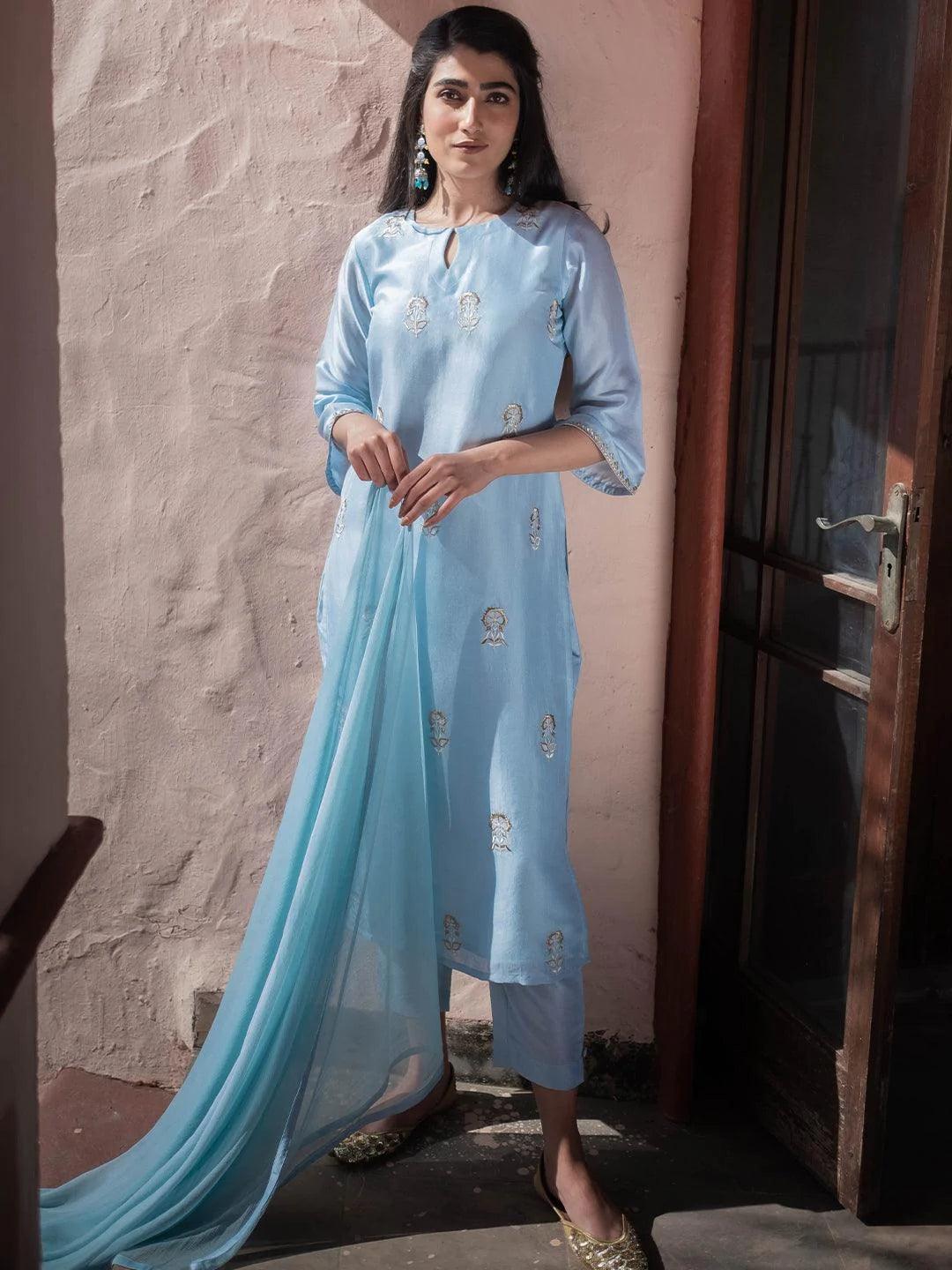 Blue Embroidered Silk Suit Set