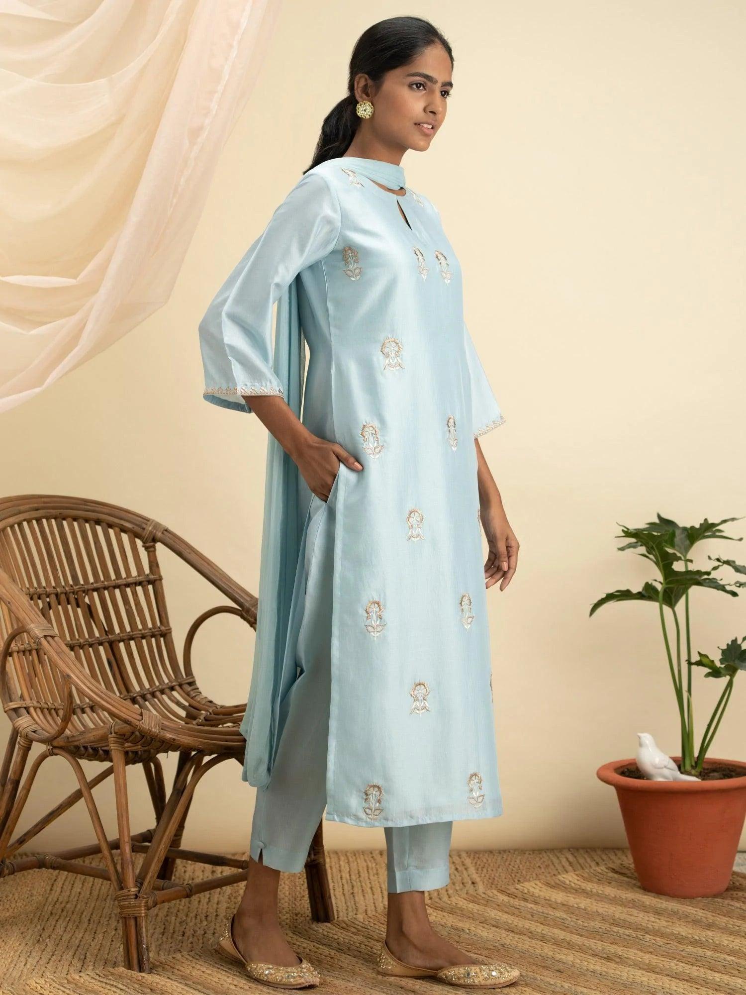 Blue Embroidered Silk Suit Set