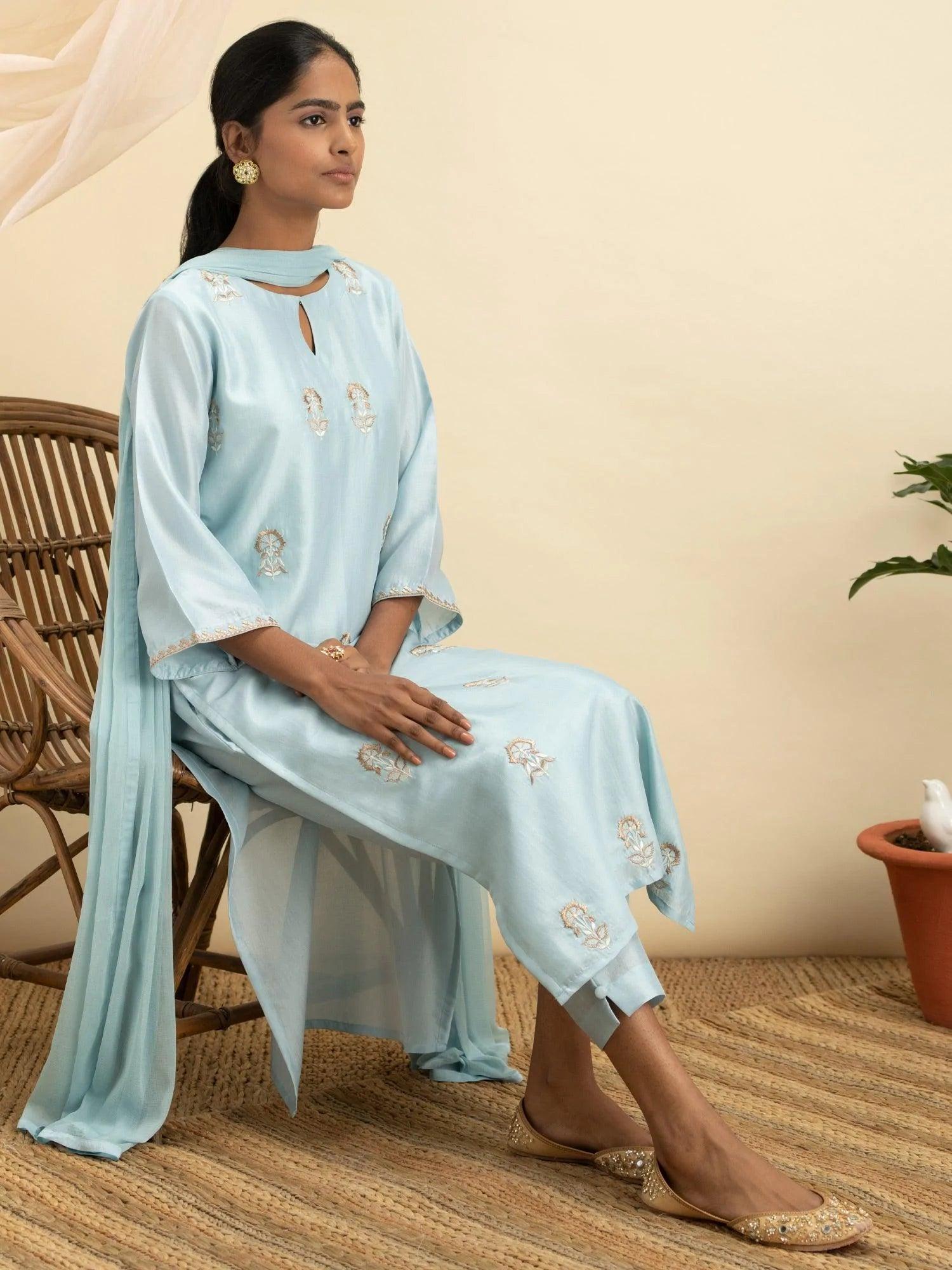 Blue Embroidered Silk Suit Set