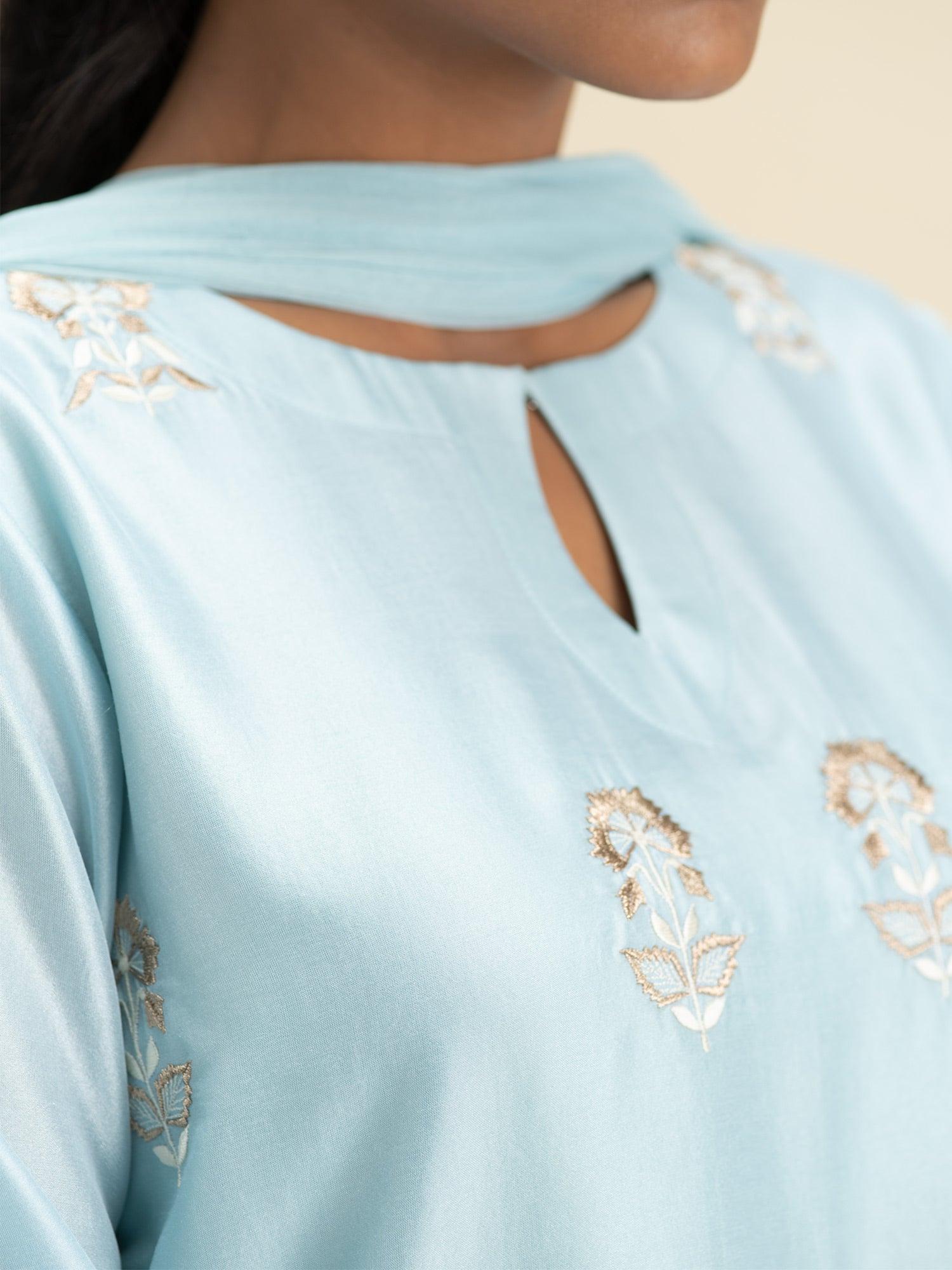 Blue Embroidered Silk Suit Set