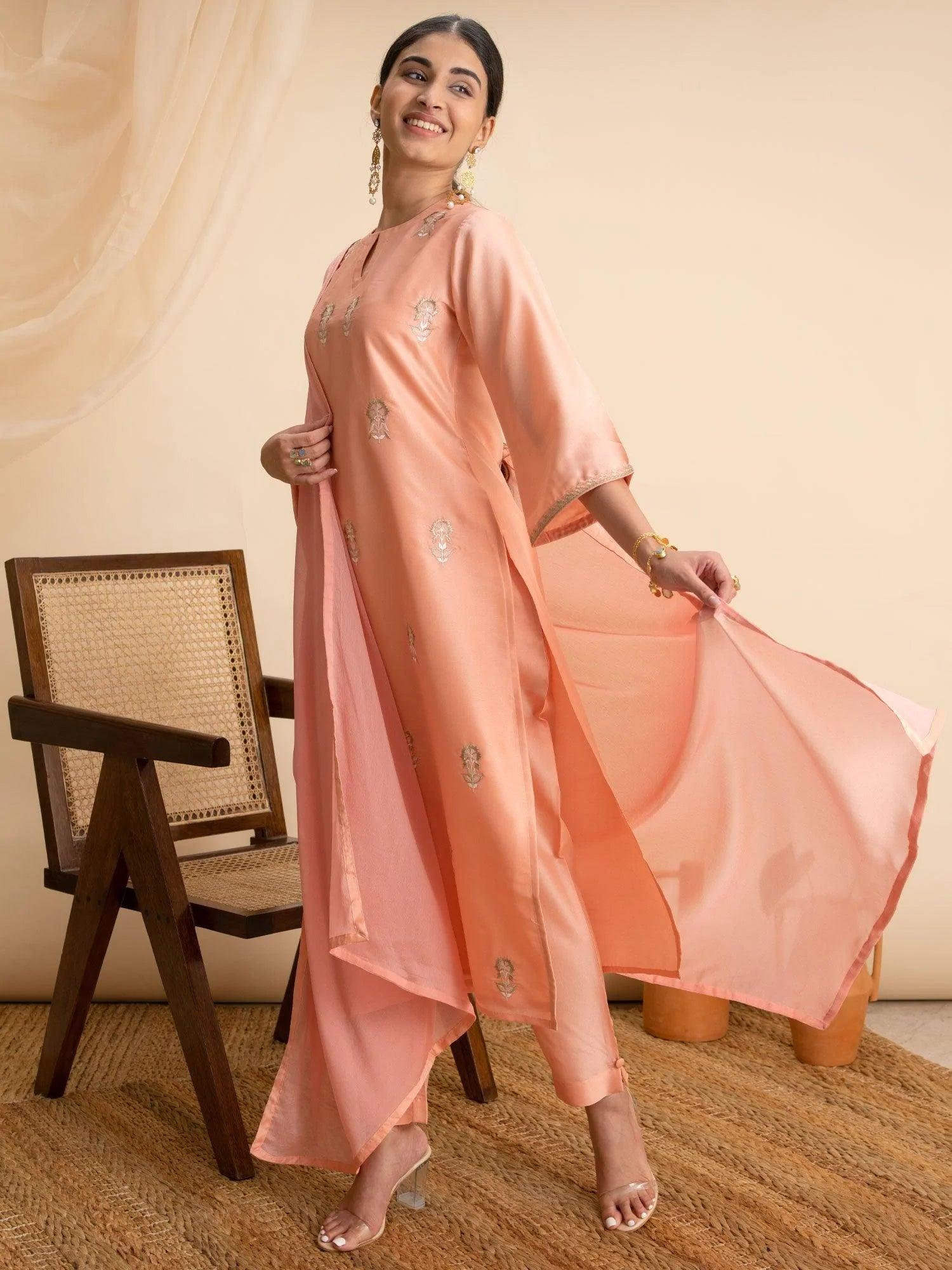 Peach Embroidered Silk Suit Set