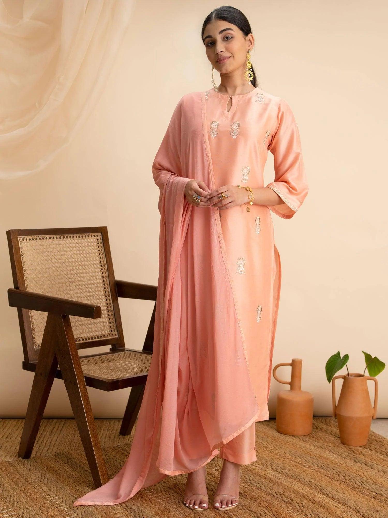 Peach Embroidered Silk Suit Set