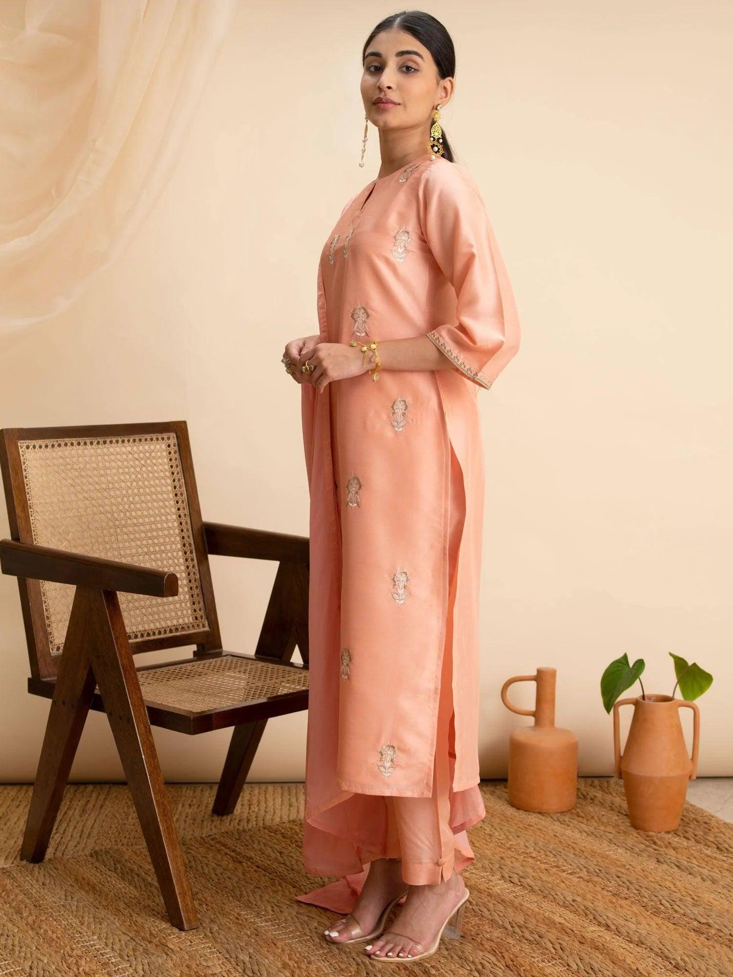 Peach Embroidered Silk Suit Set