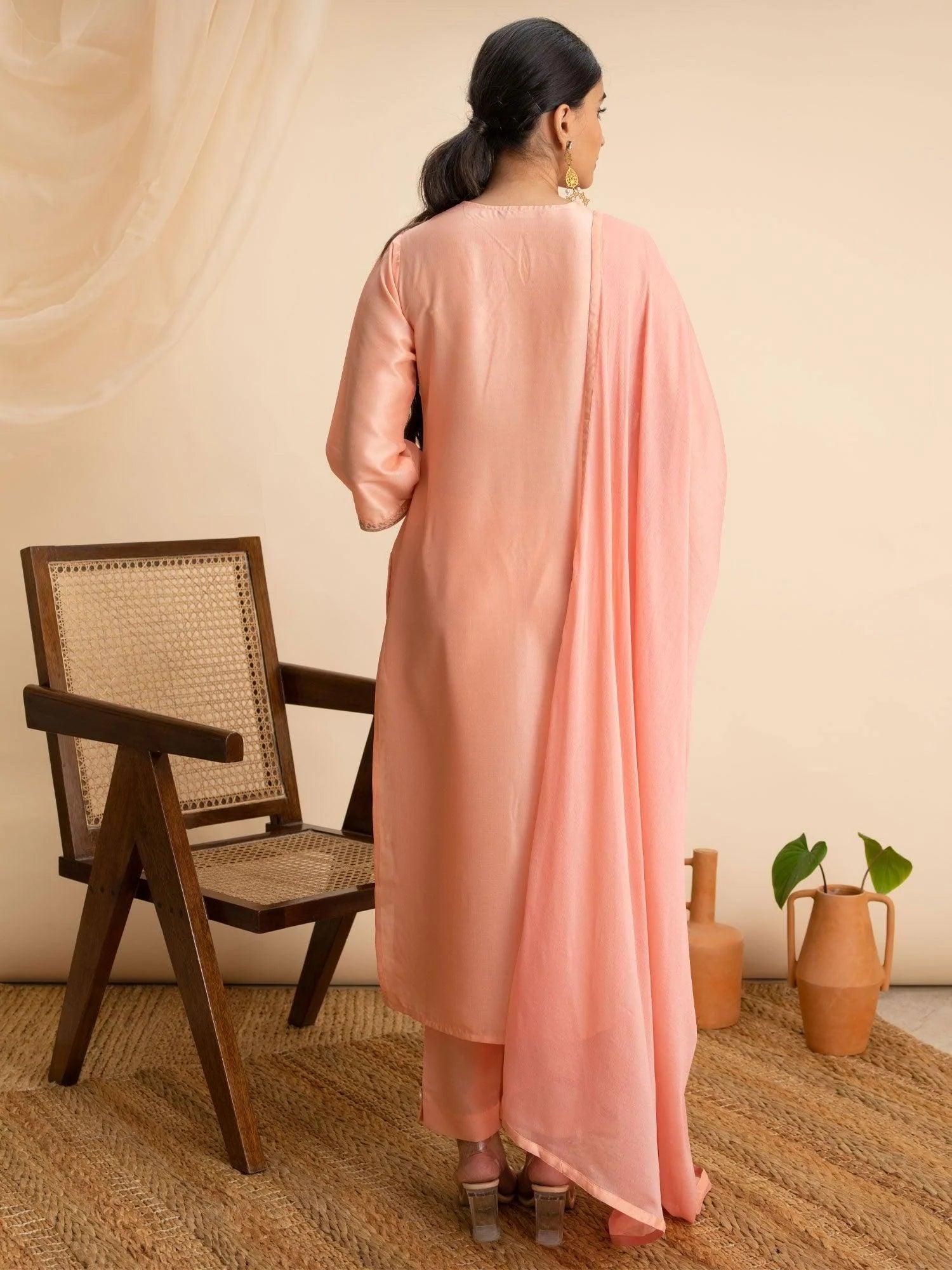 Peach Embroidered Silk Suit Set