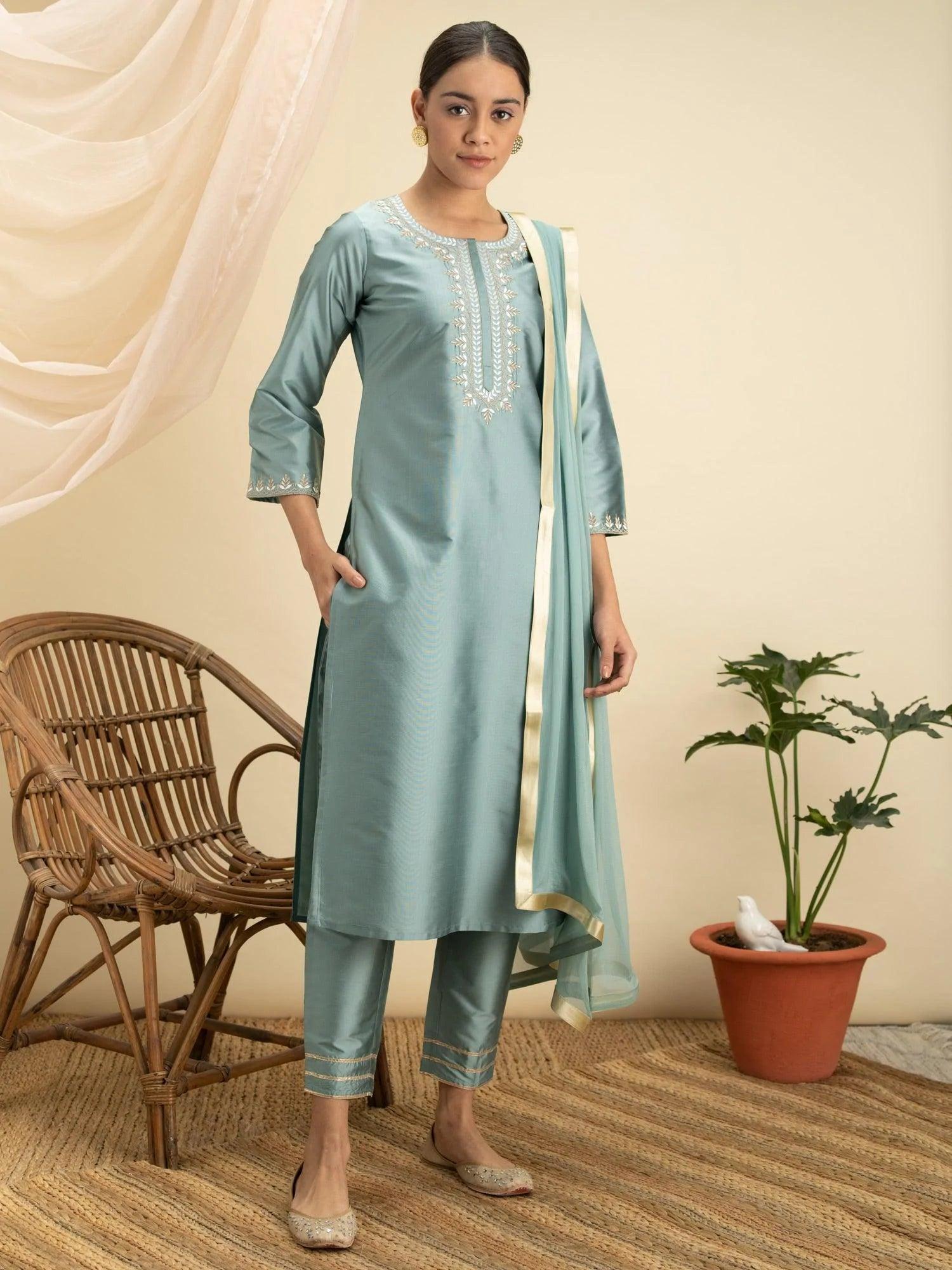 Grey Embroidered Silk Suit Set