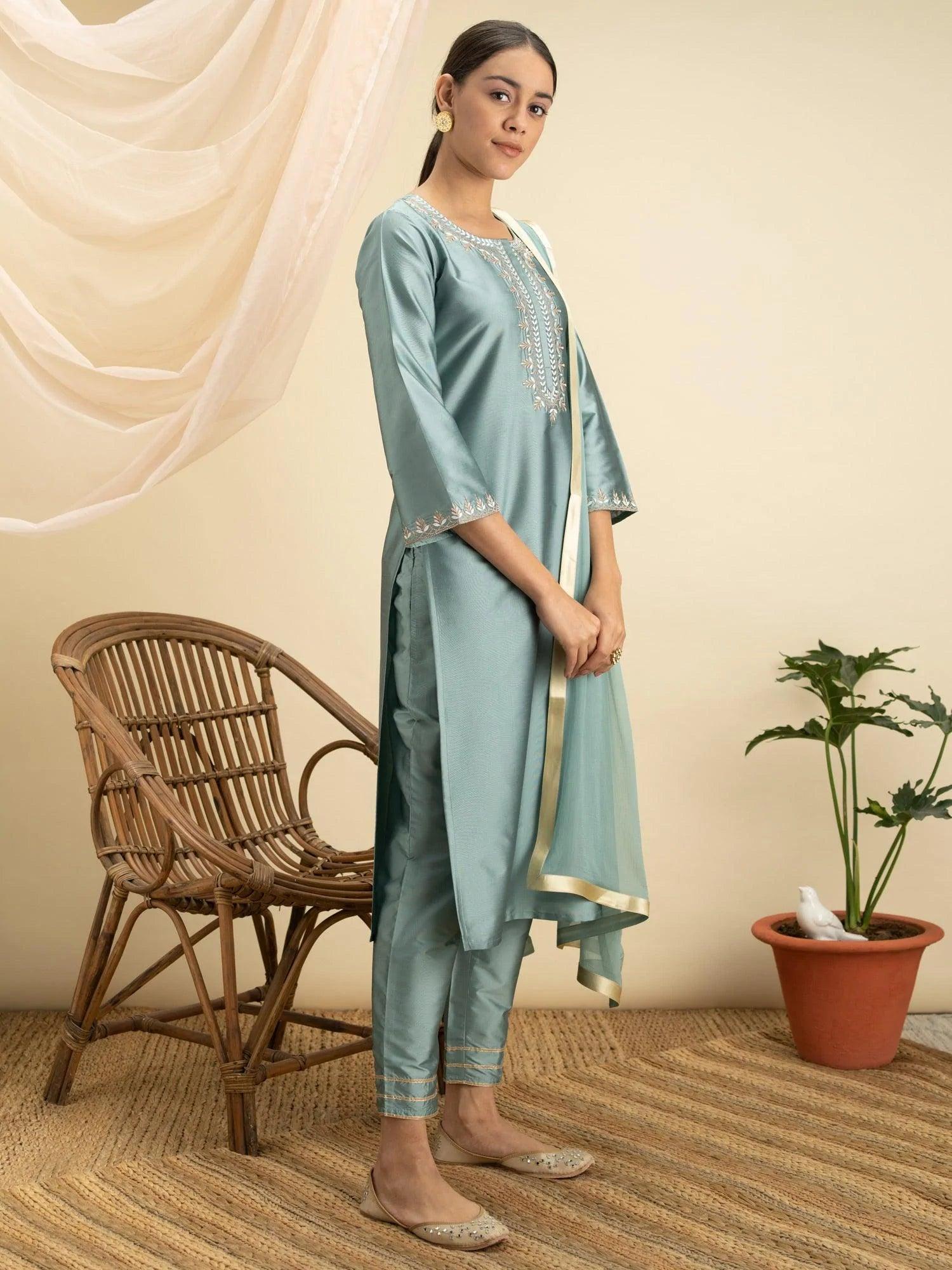 Grey Embroidered Silk Suit Set