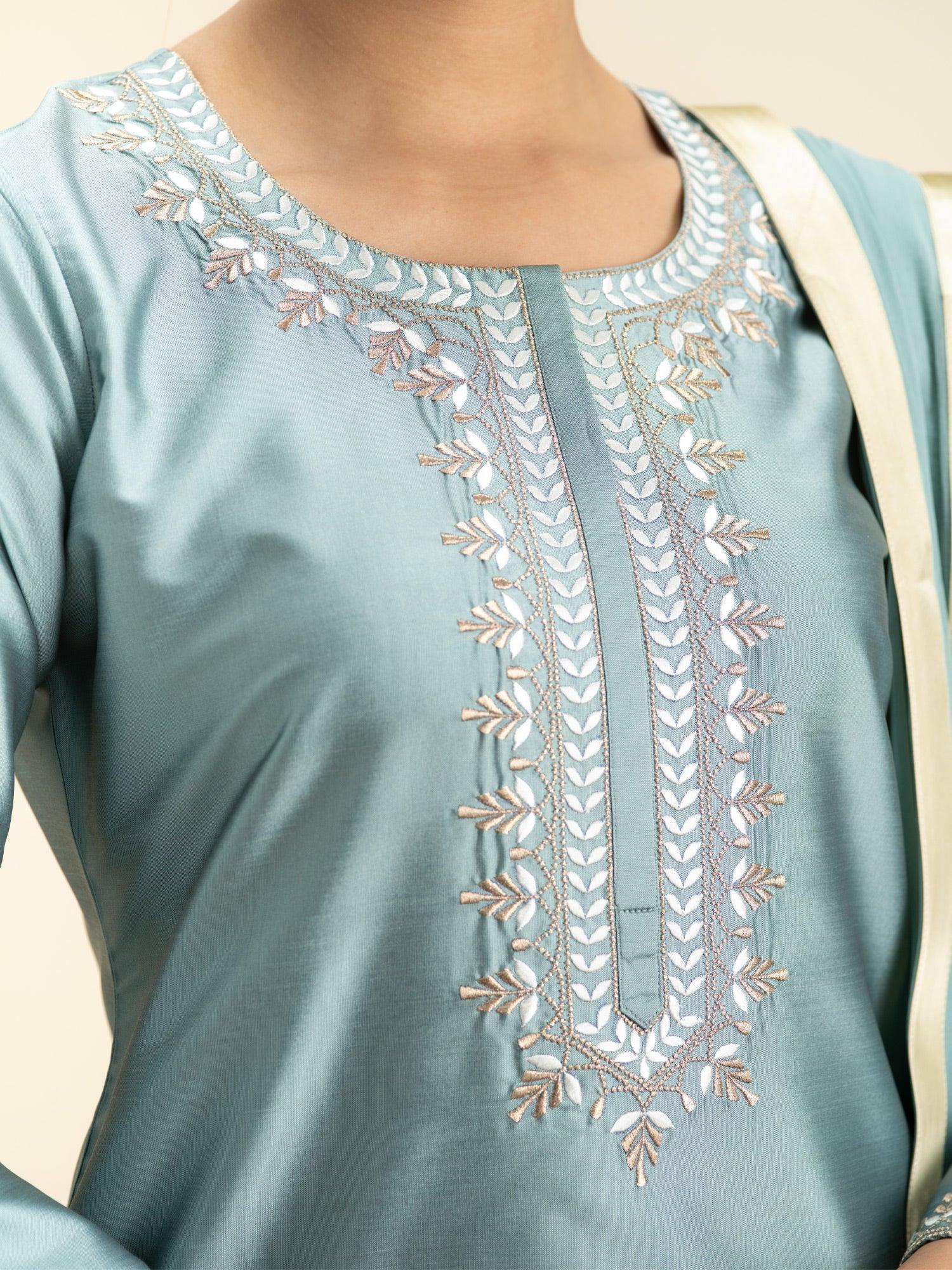 Grey Embroidered Silk Suit Set