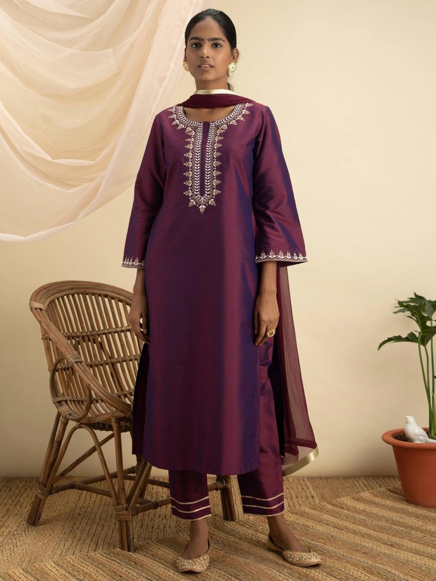 Purple Embroidered Silk Suit Set