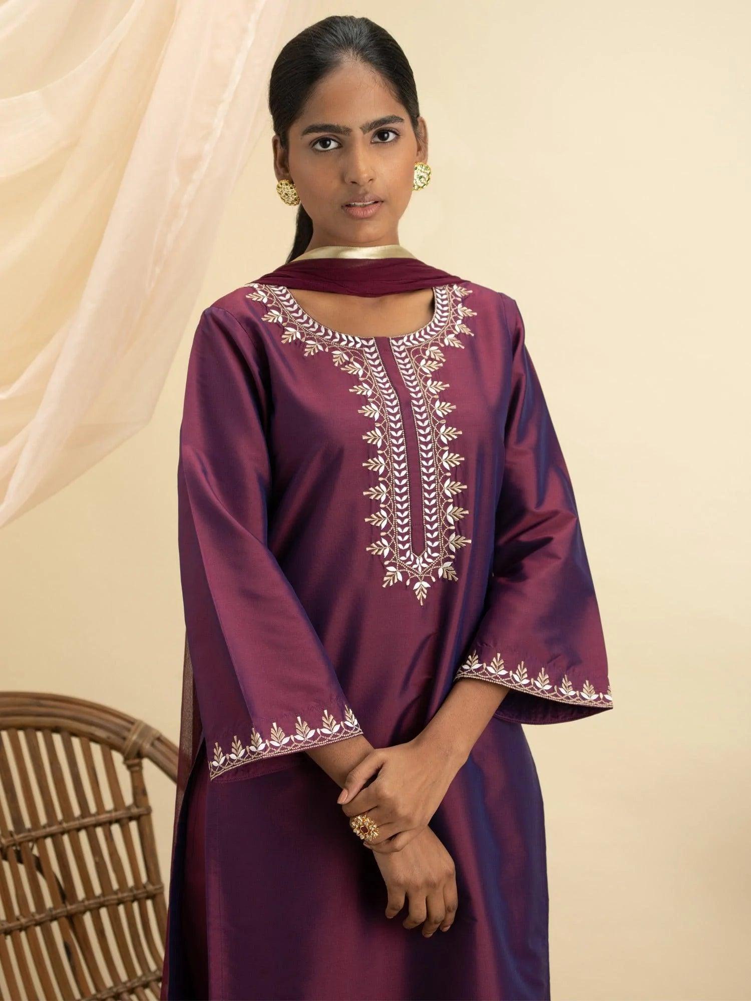 Purple Embroidered Silk Suit Set