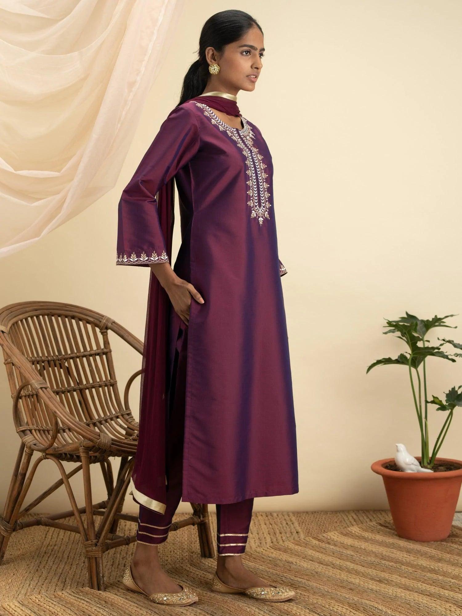 Purple Embroidered Silk Suit Set