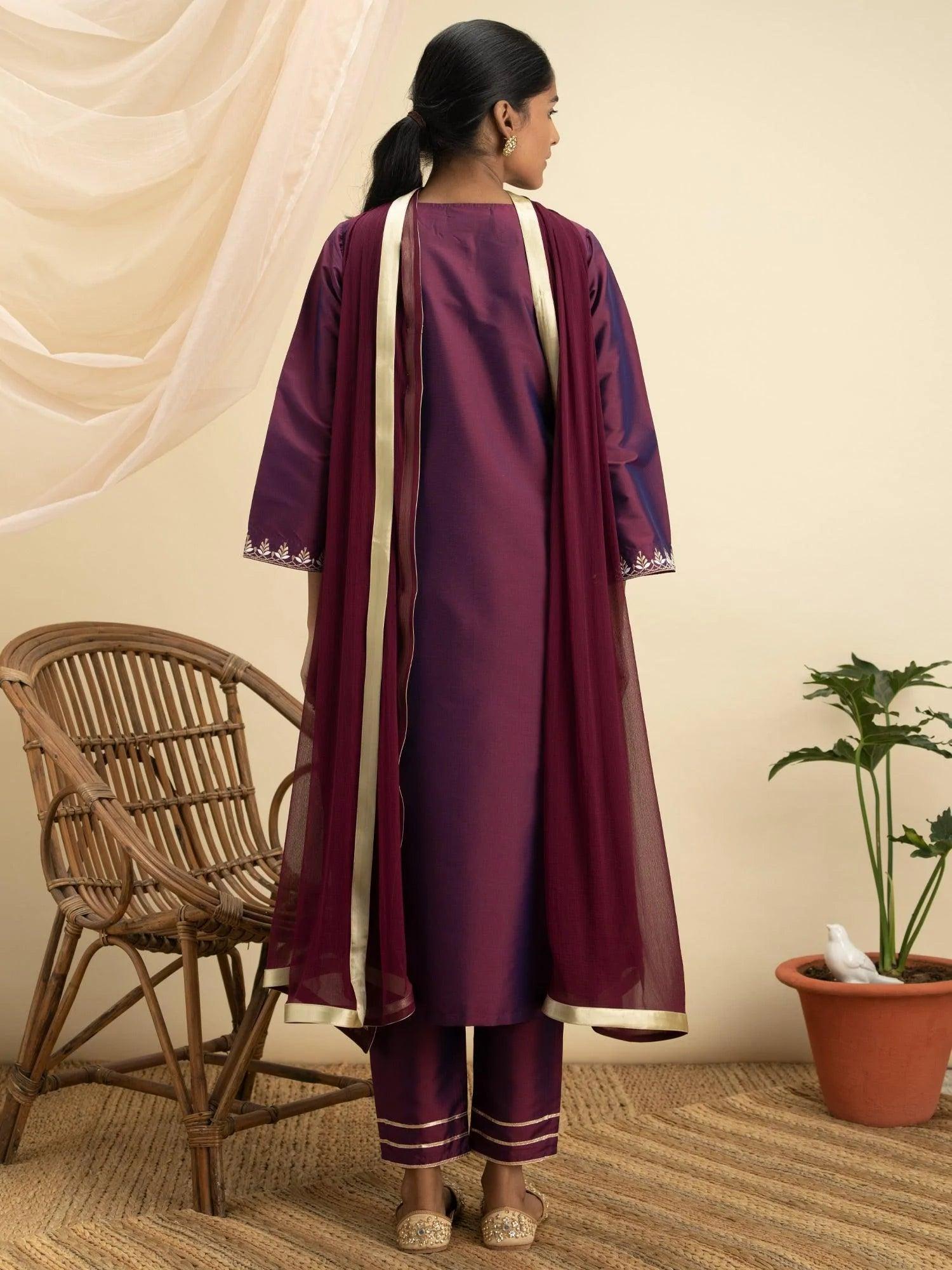 Purple Embroidered Silk Suit Set