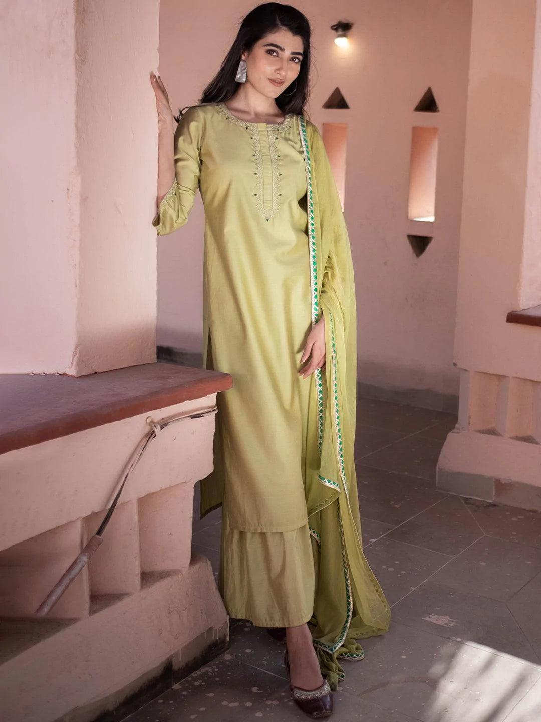 Green Embroidered Silk Suit Set