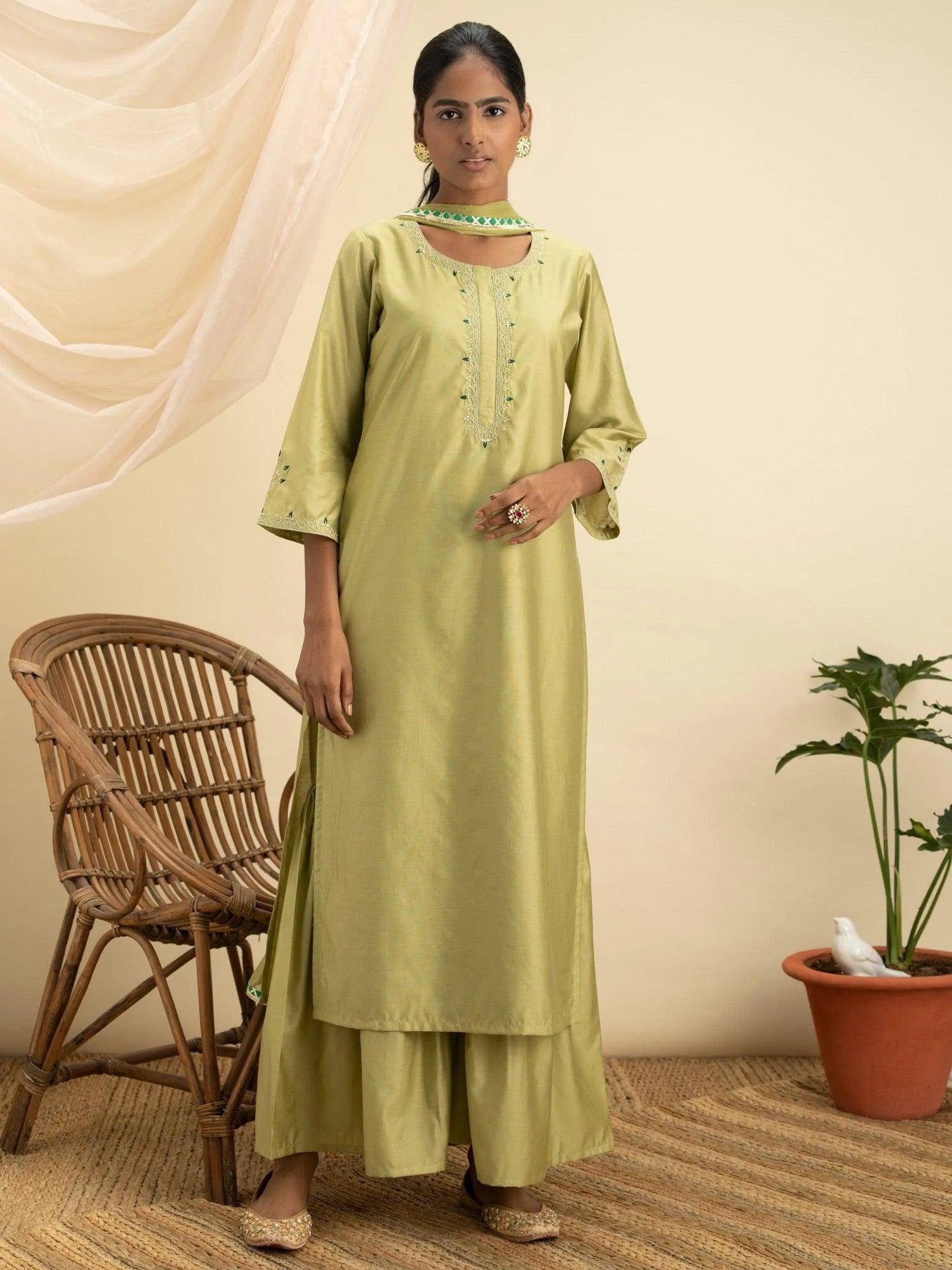 Green Embroidered Silk Suit Set