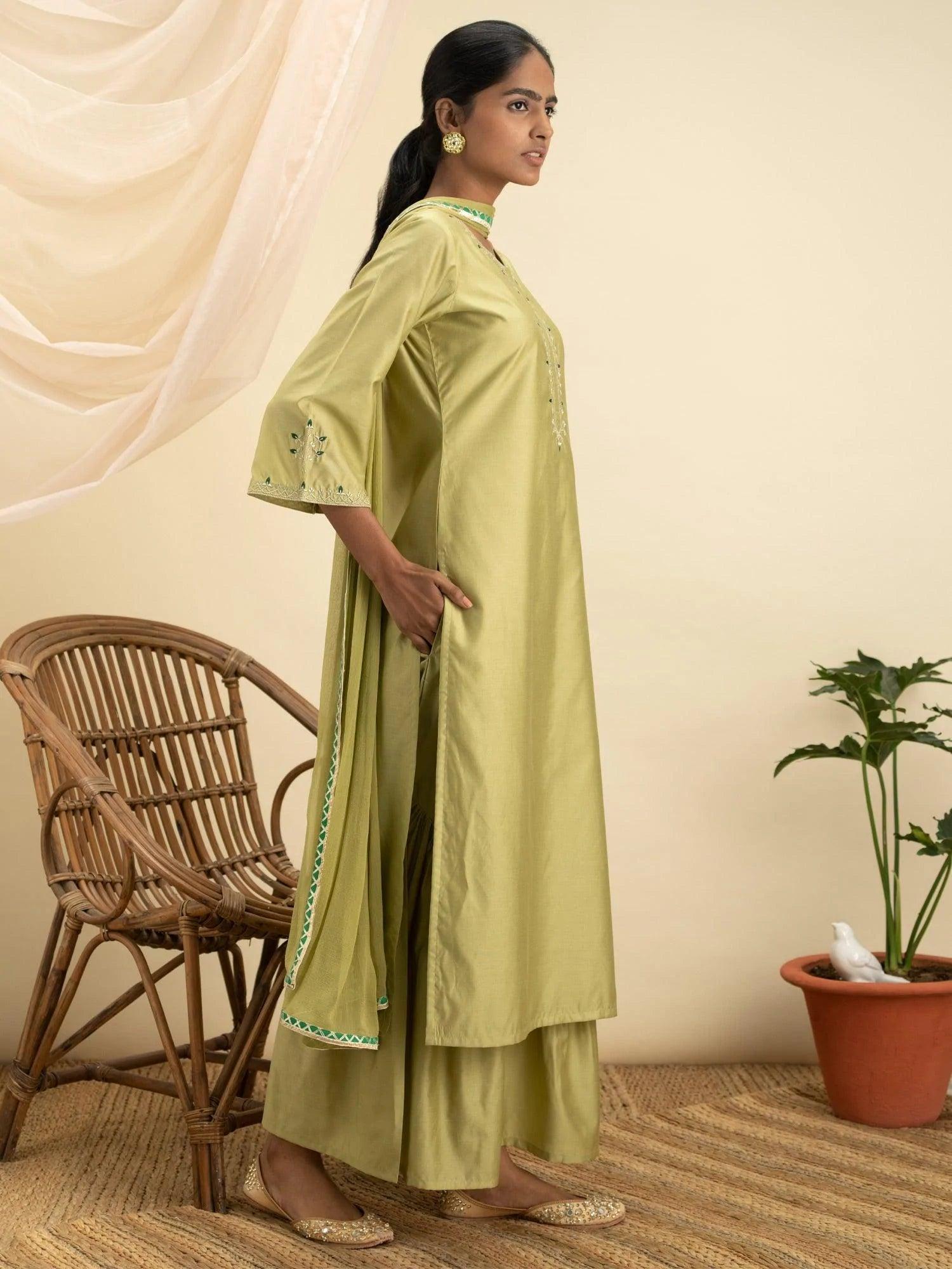 Green Embroidered Silk Suit Set