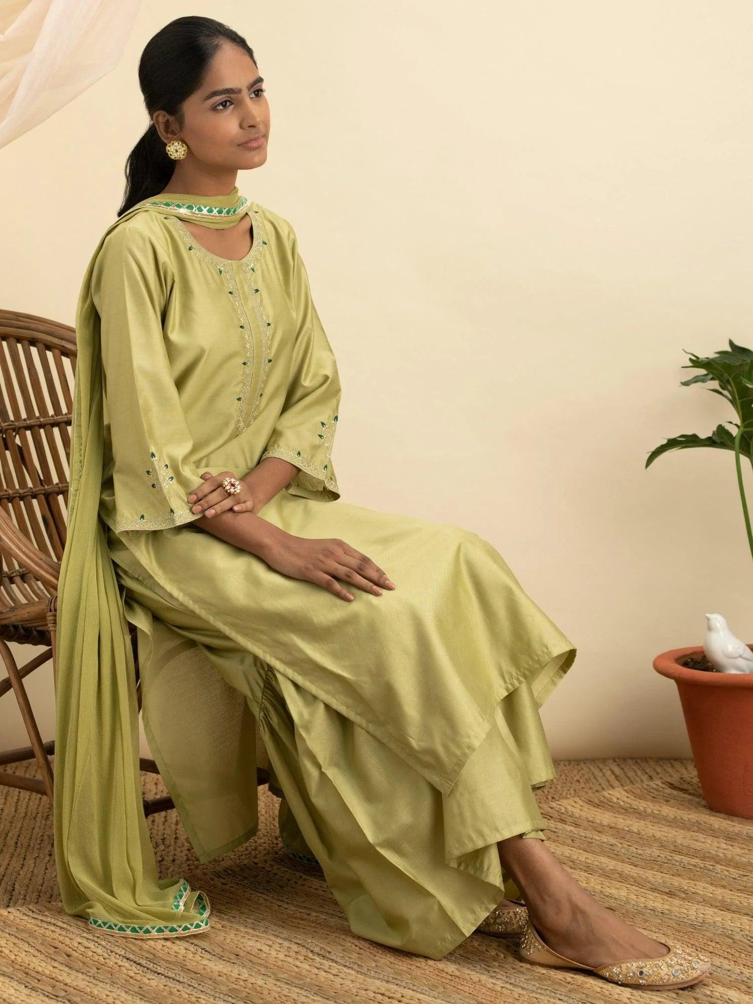 Green Embroidered Silk Suit Set