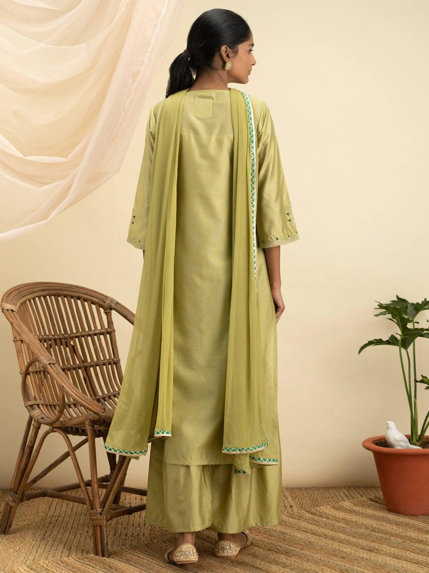 Green Embroidered Silk Suit Set