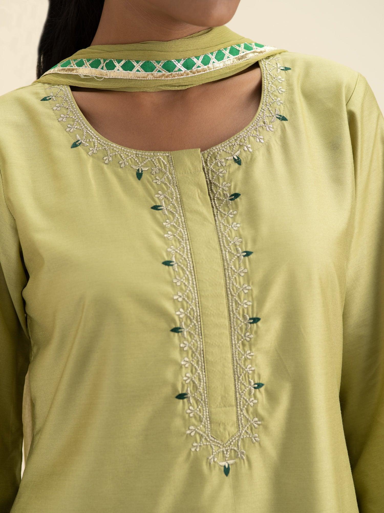 Green Embroidered Silk Suit Set