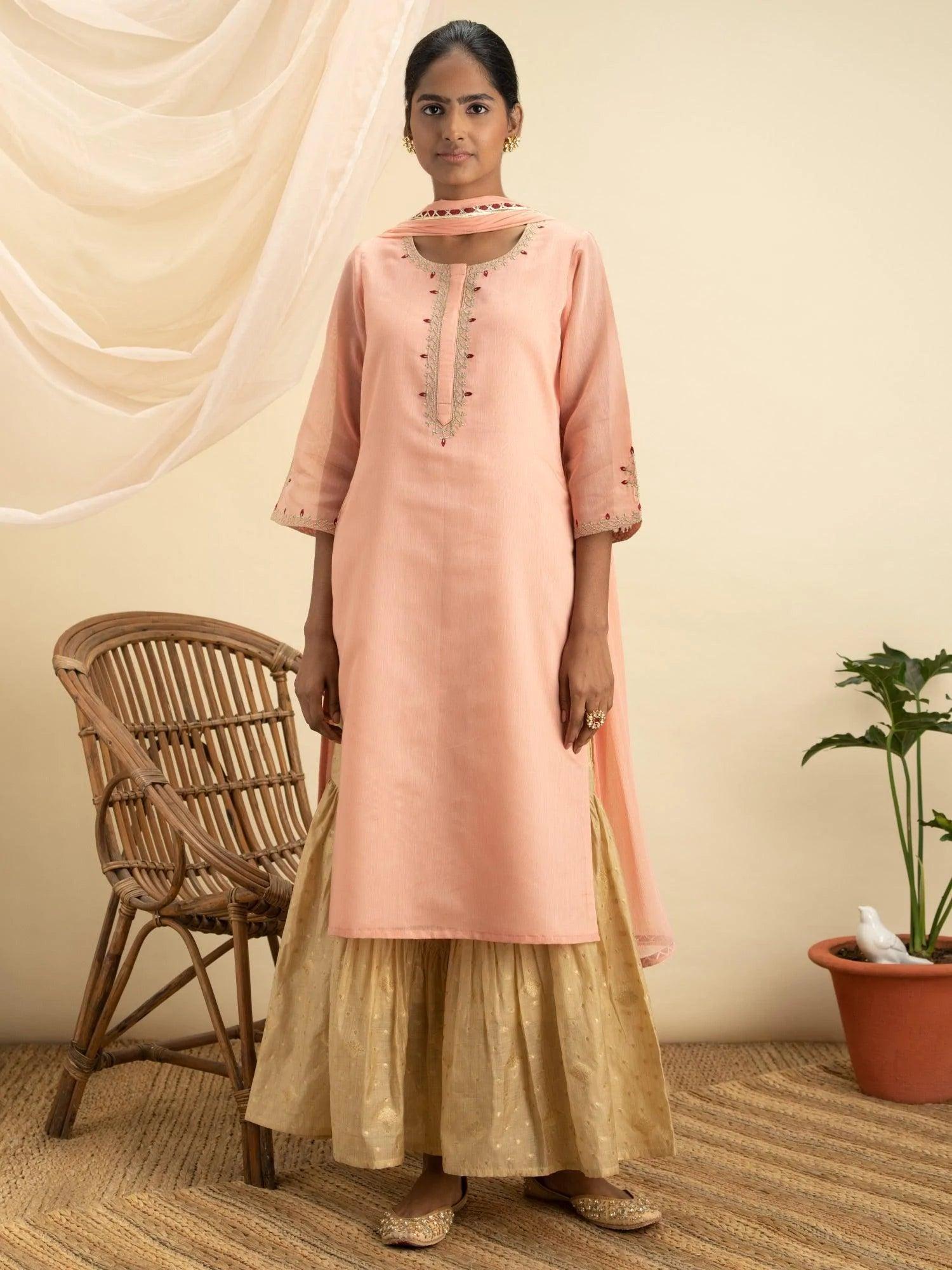 Pink Embroidered Silk Suit Set