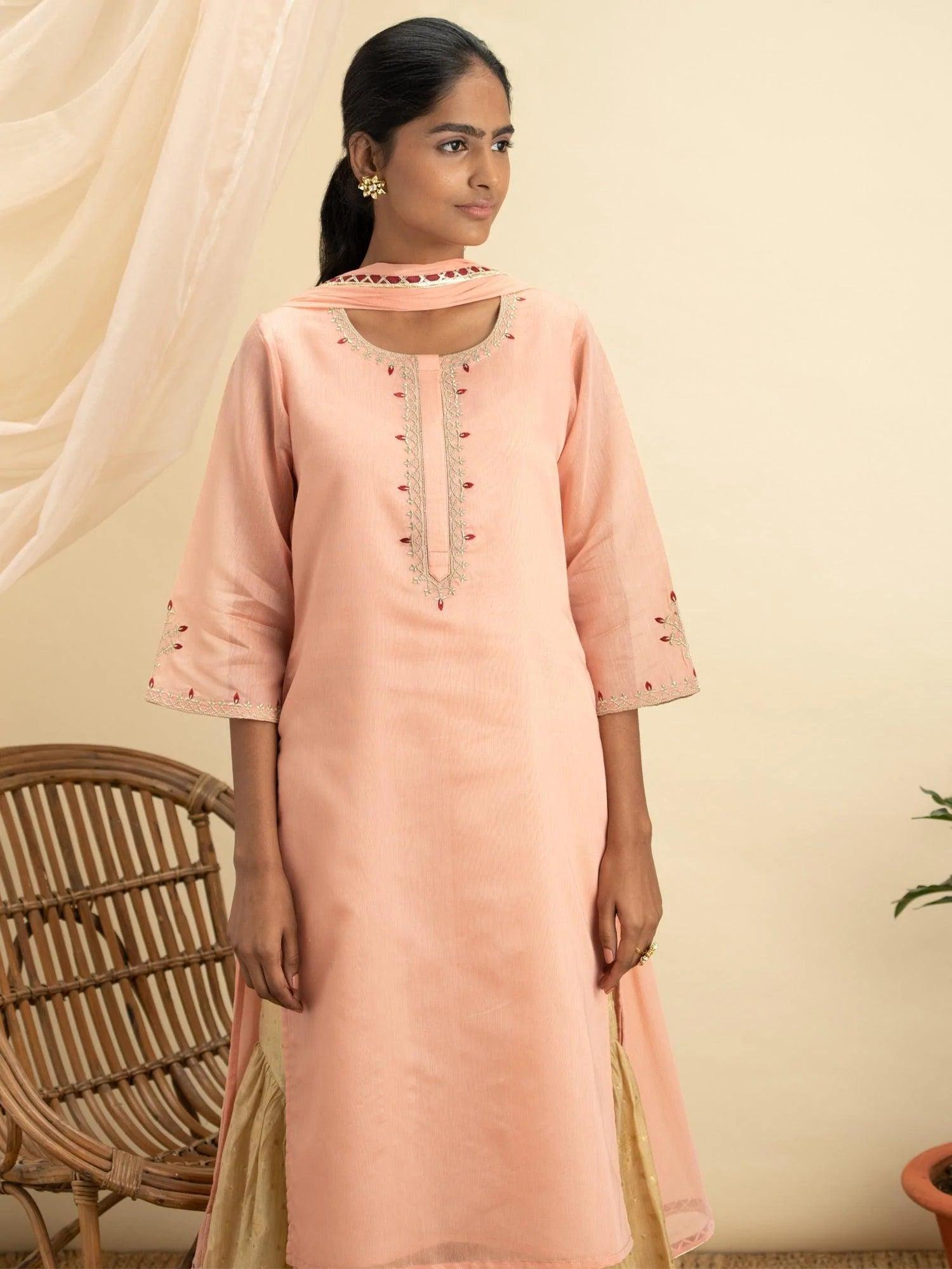 Pink Embroidered Silk Suit Set