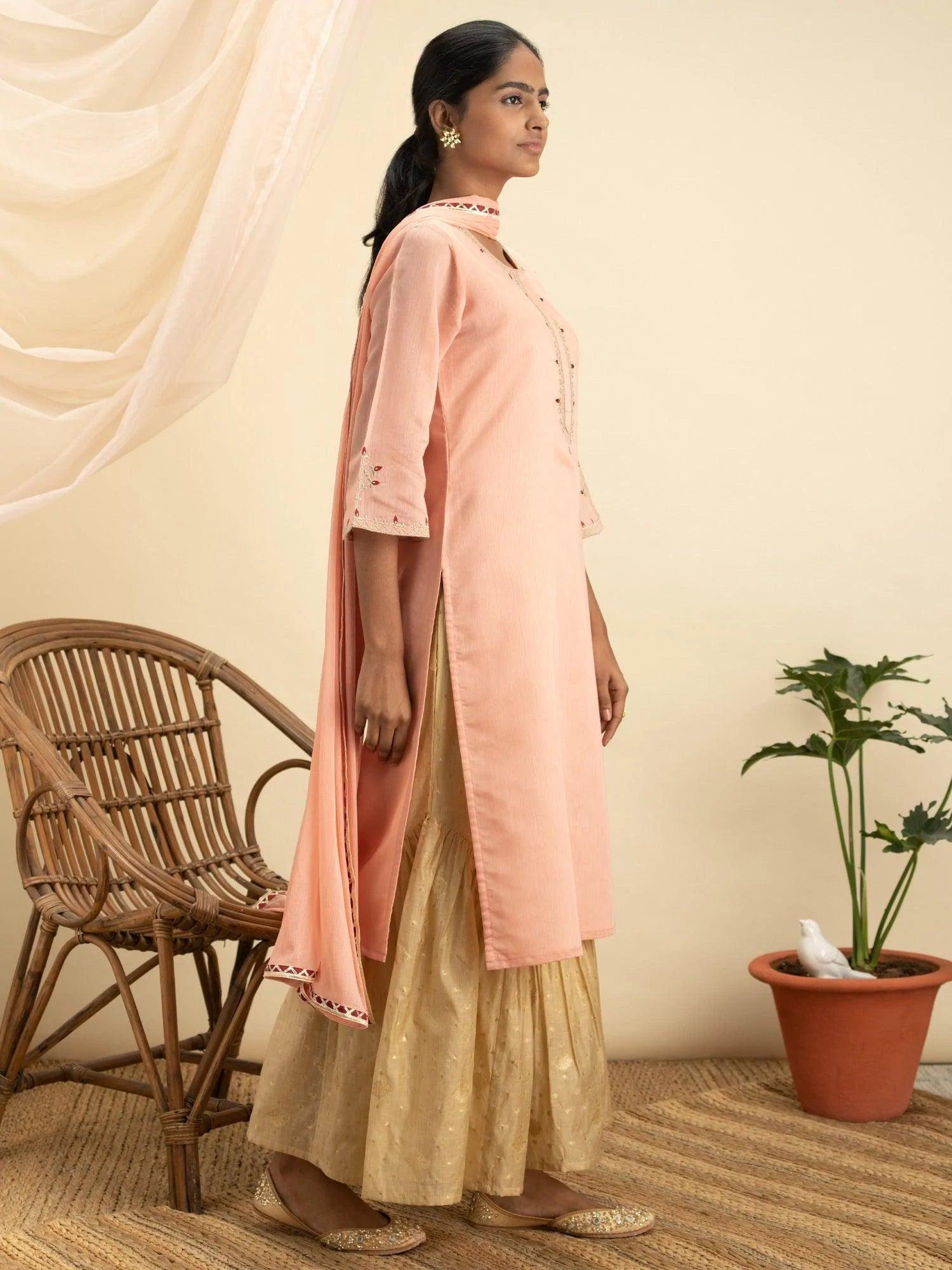 Pink Embroidered Silk Suit Set