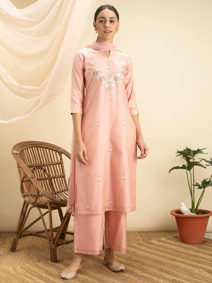 Pink Embroidered Silk Suit Set - ShopLibas