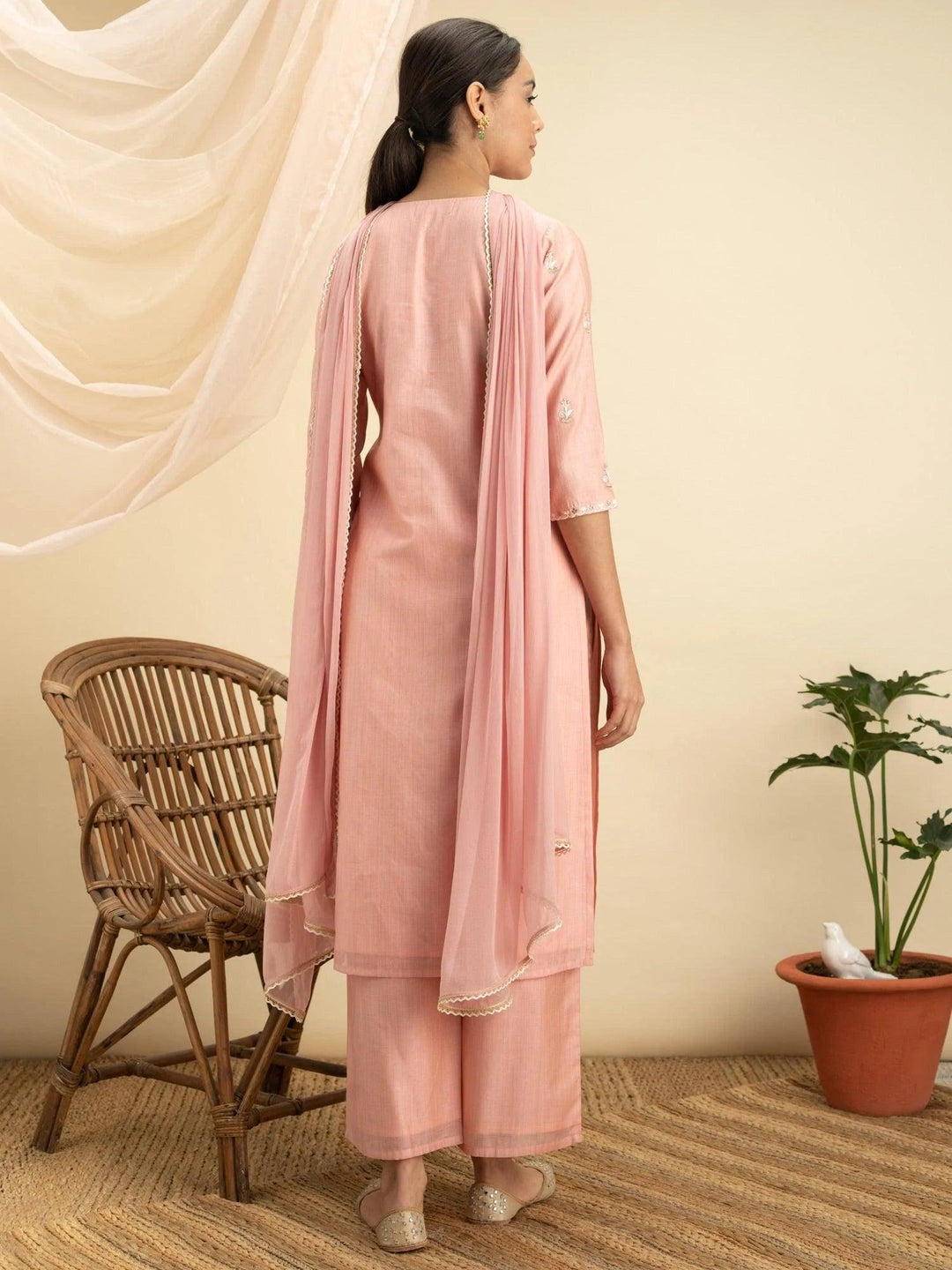 Pink Embroidered Silk Suit Set - ShopLibas