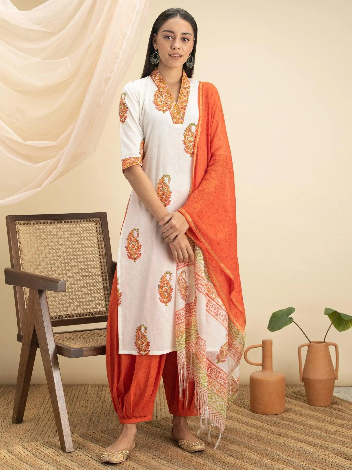 Orange Printed Cotton Suit Set