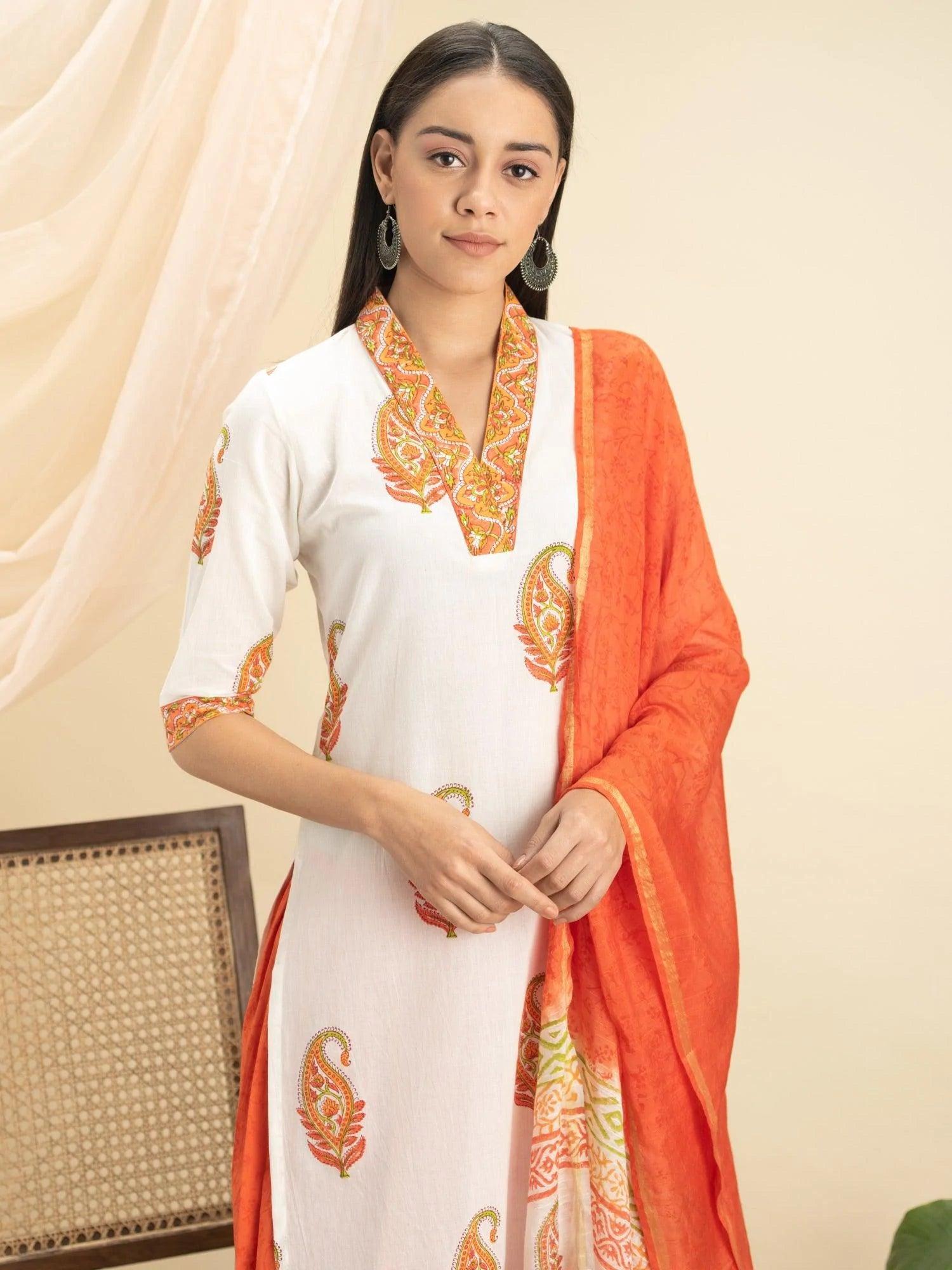 Orange Printed Cotton Suit Set